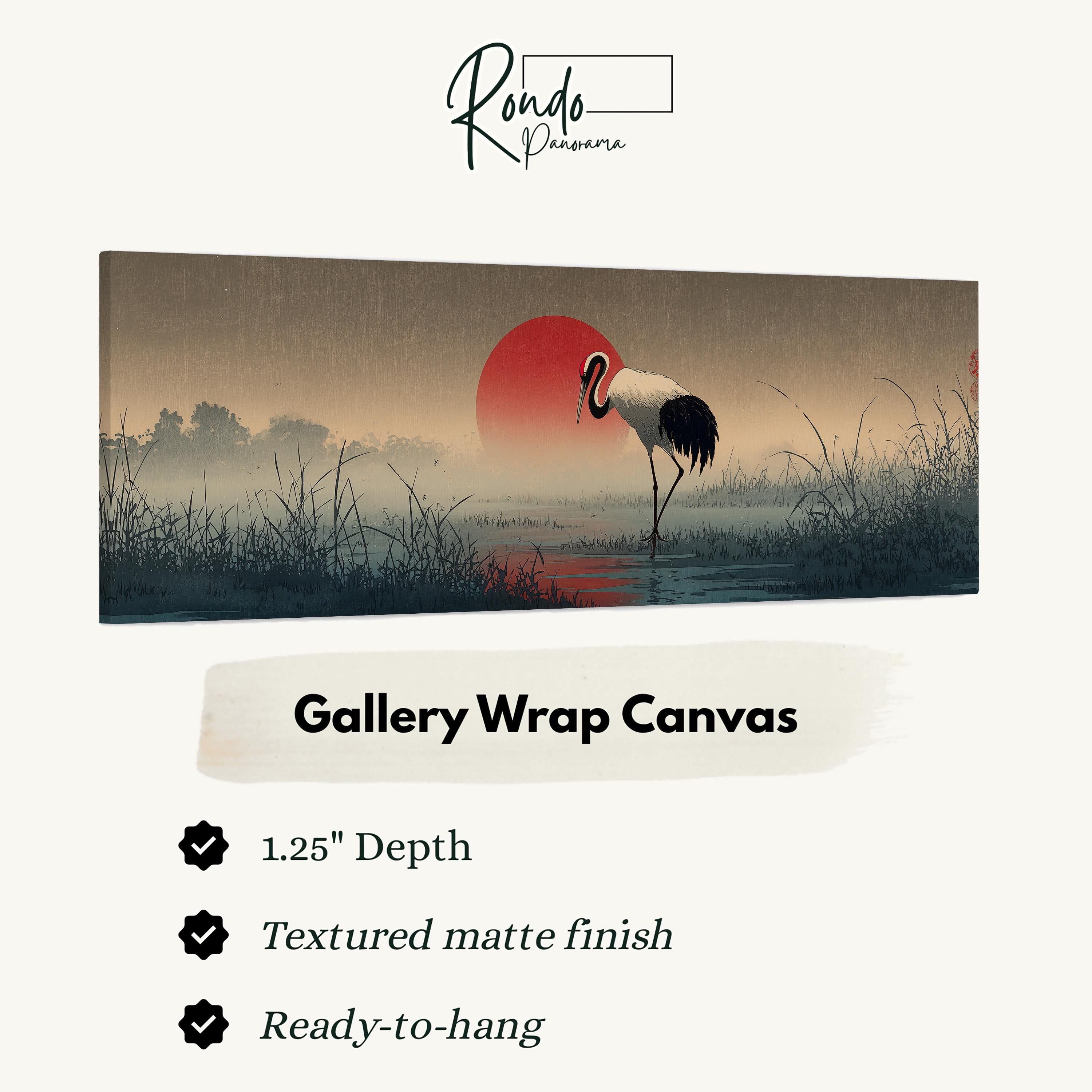 The image is a painting of a crane standing in a field with a red sun in the background.