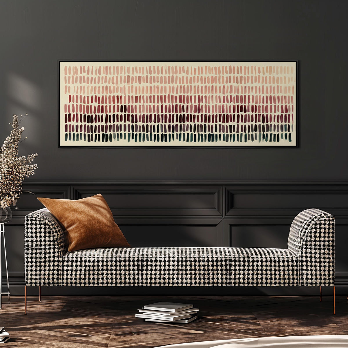 Brushmarks fading from blush to deep maroon wide panoramic canvas print above a bench in a dark living room