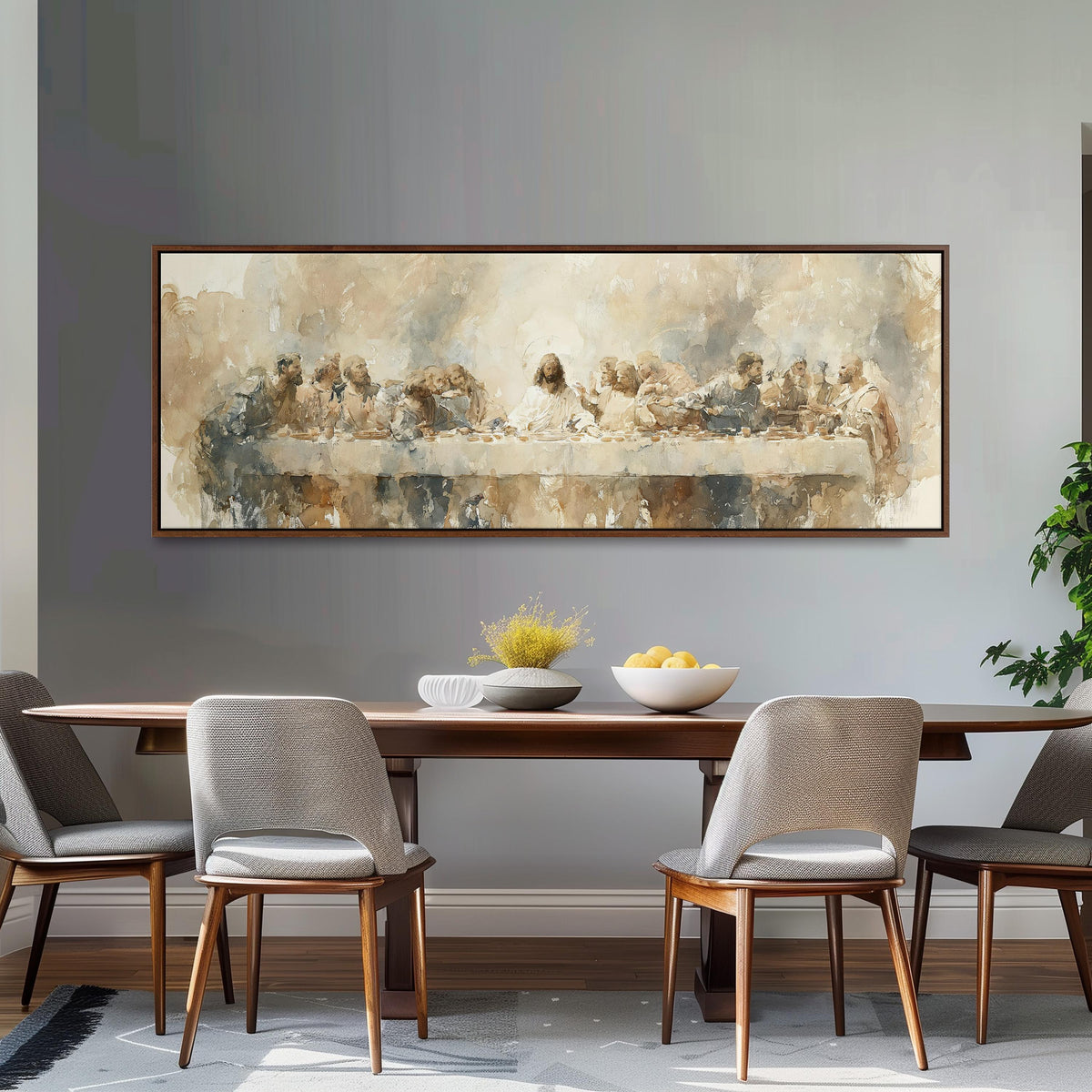 The Last Supper in soft gold tones long horizontal canvas print above a dining table