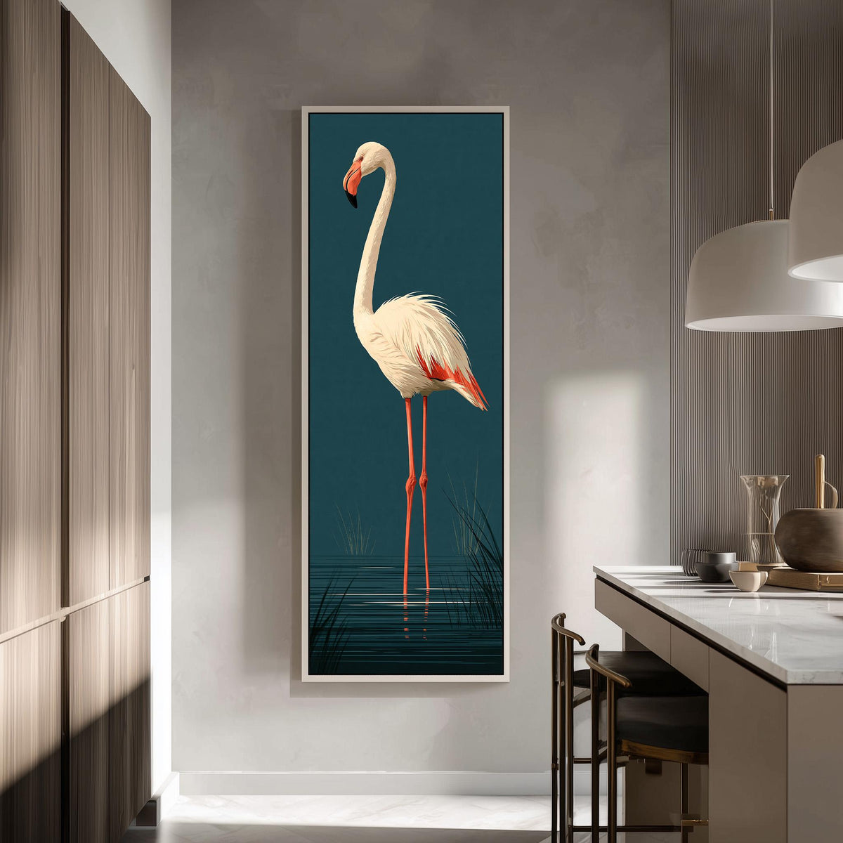 Pale flamingo standing on dark teal tall skinny canvas print in a modern kitchen