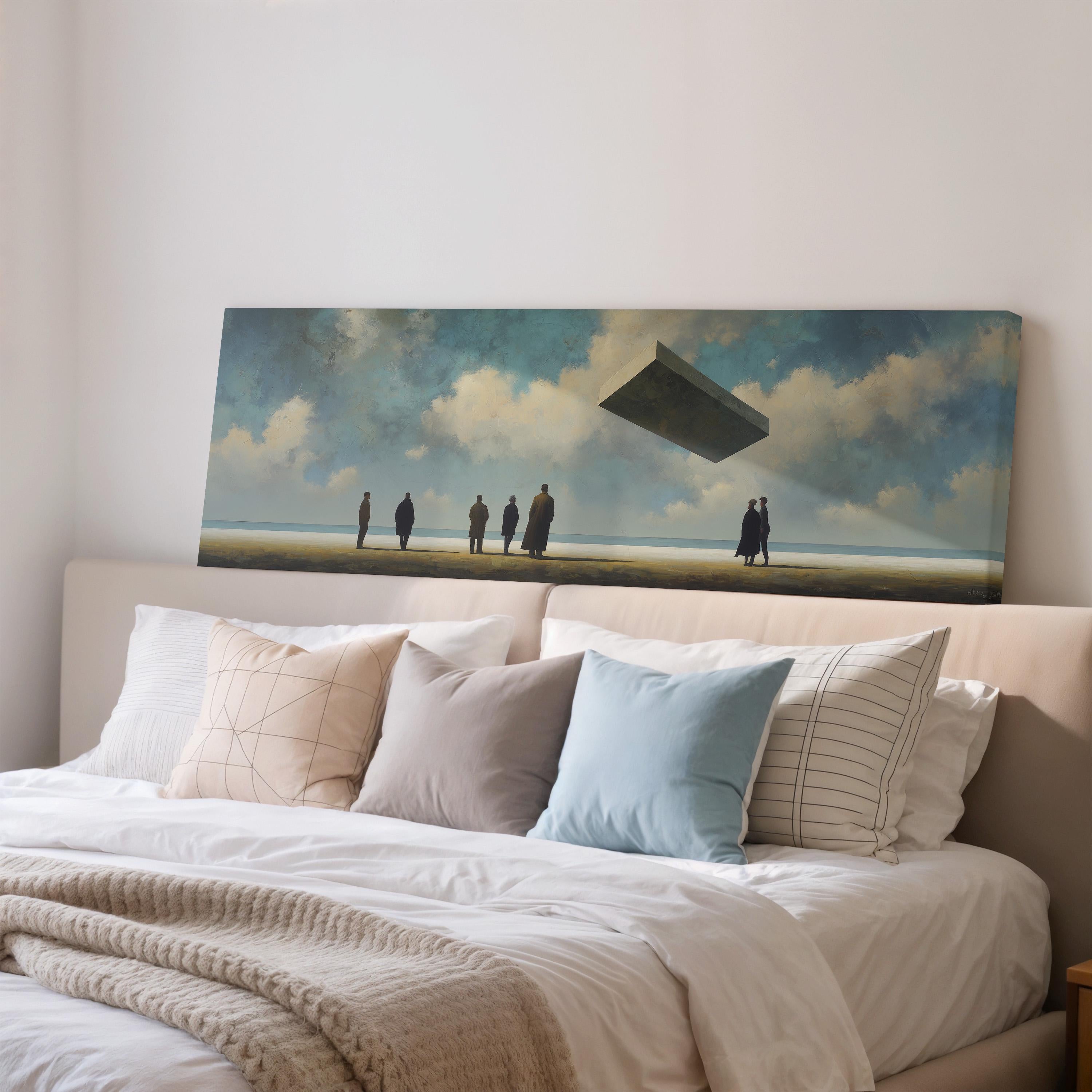 a large painting of a group of people standing on a beach, with a large object flying overhead.