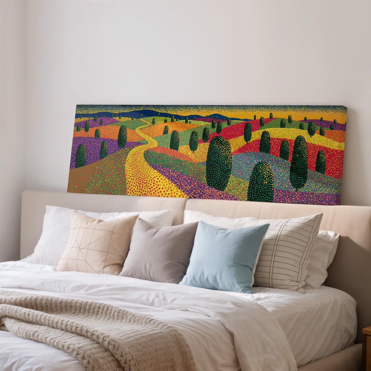 Colorful dotted garden with a winding path wide panoramic canvas print above a bed in a bedroom