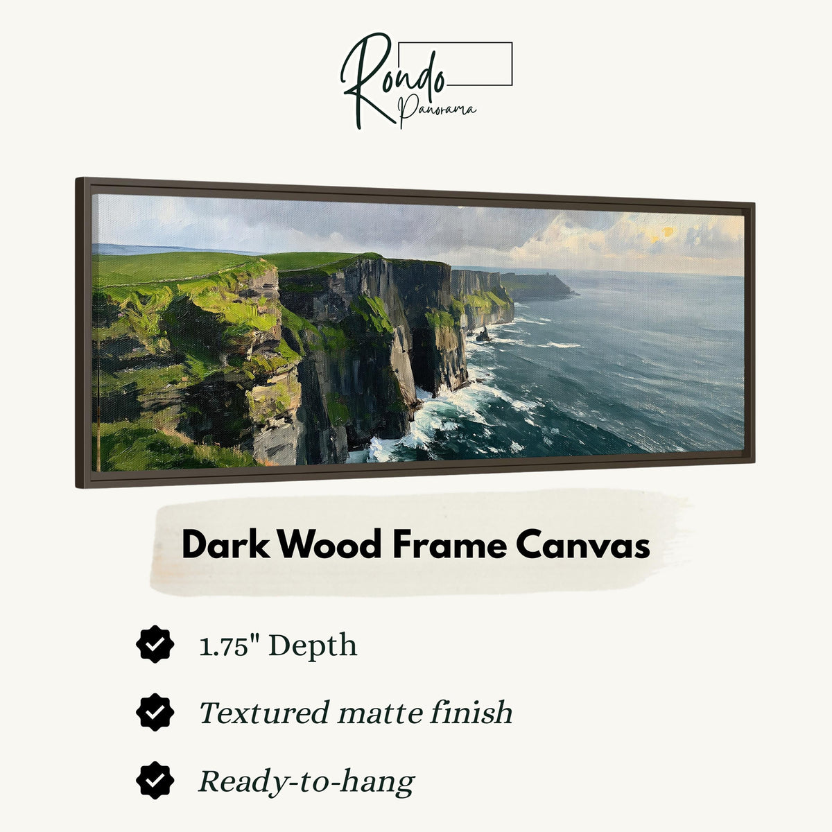 Emerald sea cliffs canvas print in a dark wood floating frame