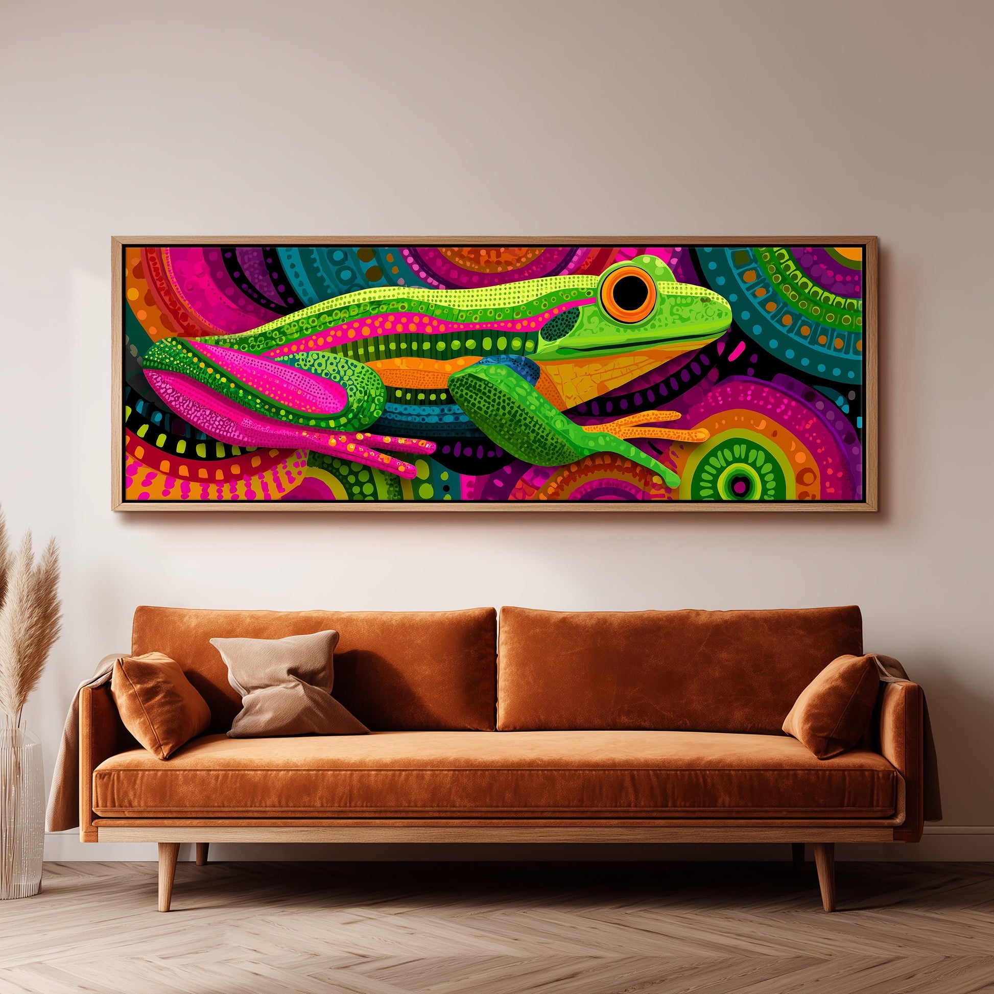 a large, colorful painting of a frog on a wall above a brown sofa in a living room setting.