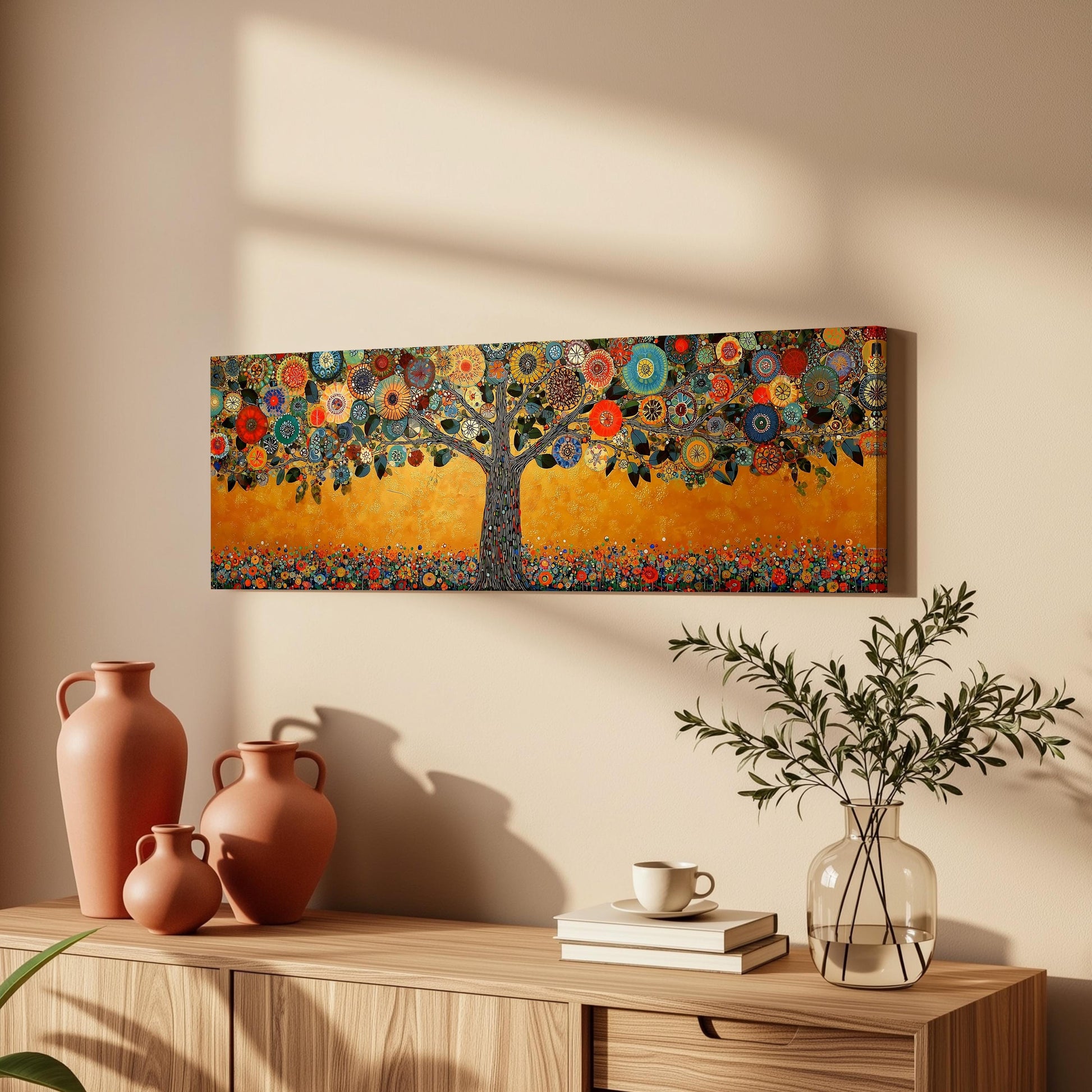 a wooden cabinet with a vase, a stack of books, and a plant on top. Above the cabinet, there is a large painting of a tree with a colorful, abstract design.