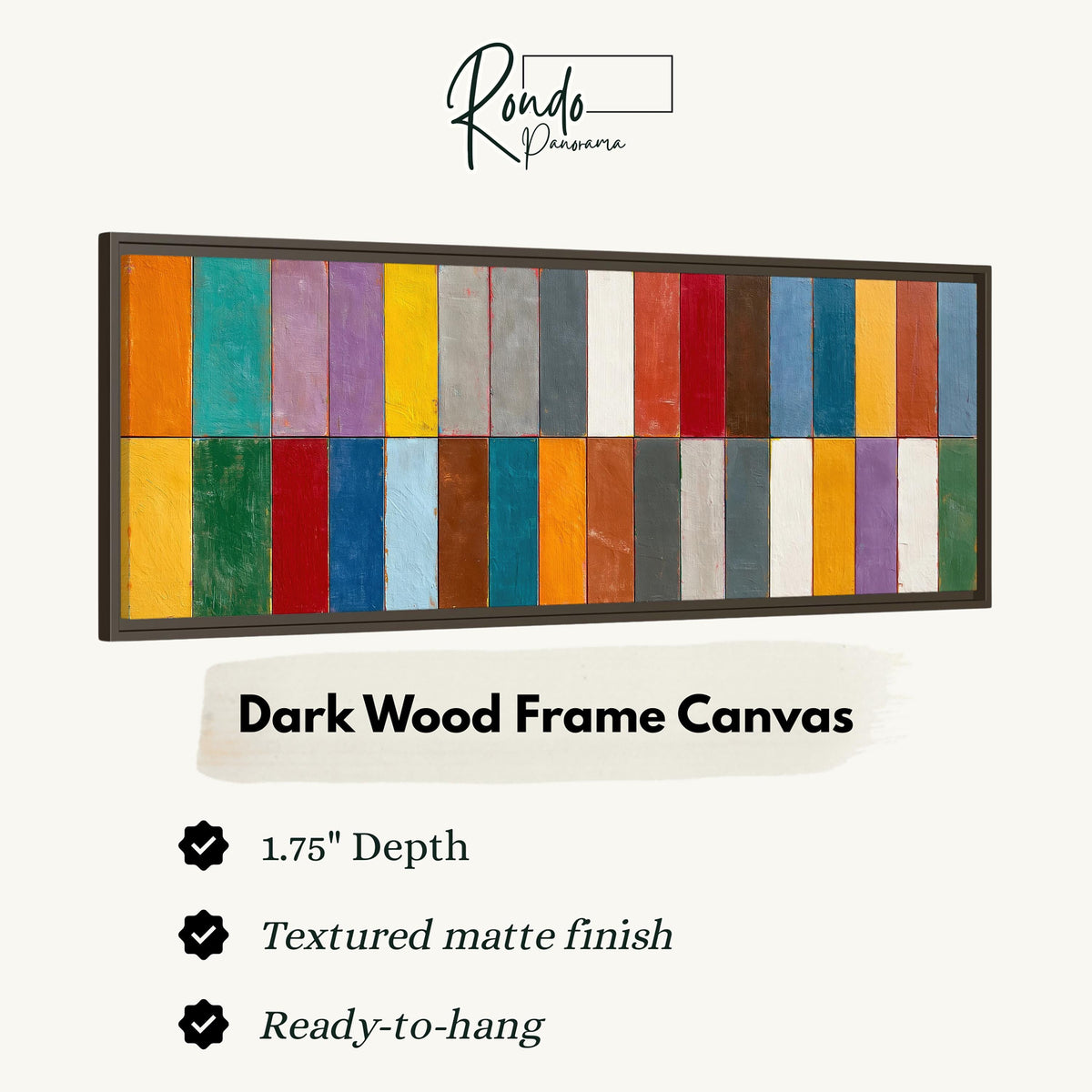 Bright color block rows canvas print in a dark wood floating frame