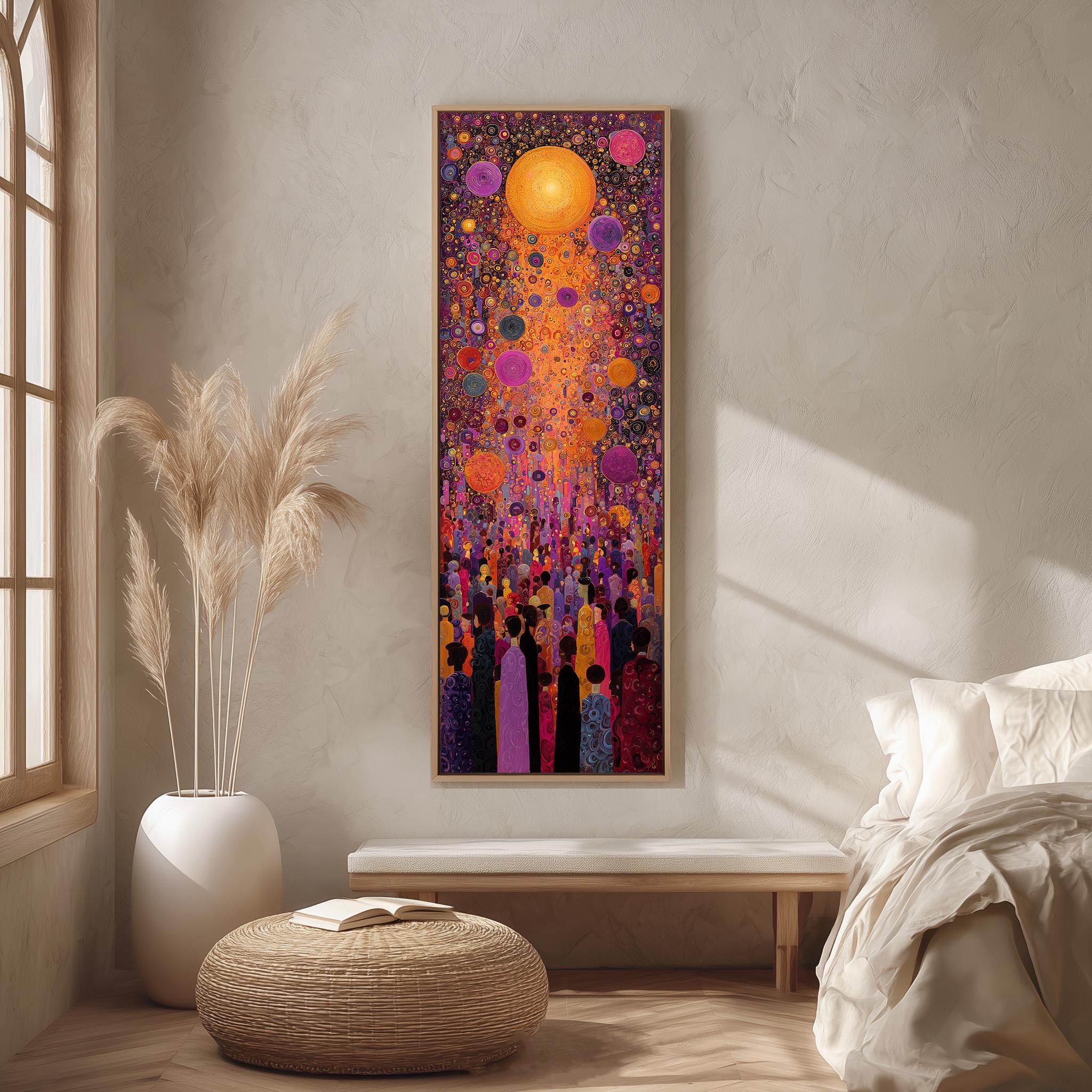 a large, colorful abstract painting hanging on a wall in a room with a bed, a potted plant, and a woven ottoman.