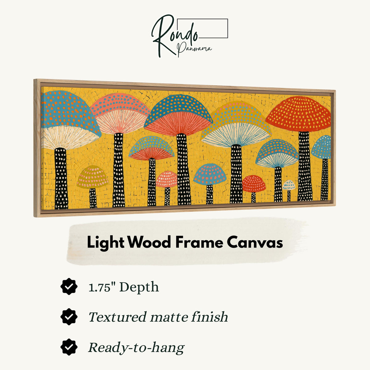 Golden mushroom parade canvas print in a light wood floating frame