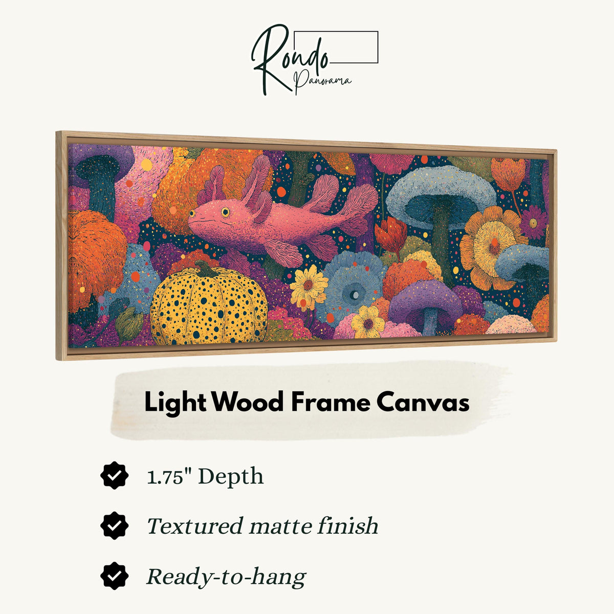 Fantasy mushrooms with a pink creature canvas print in a light wood floating frame