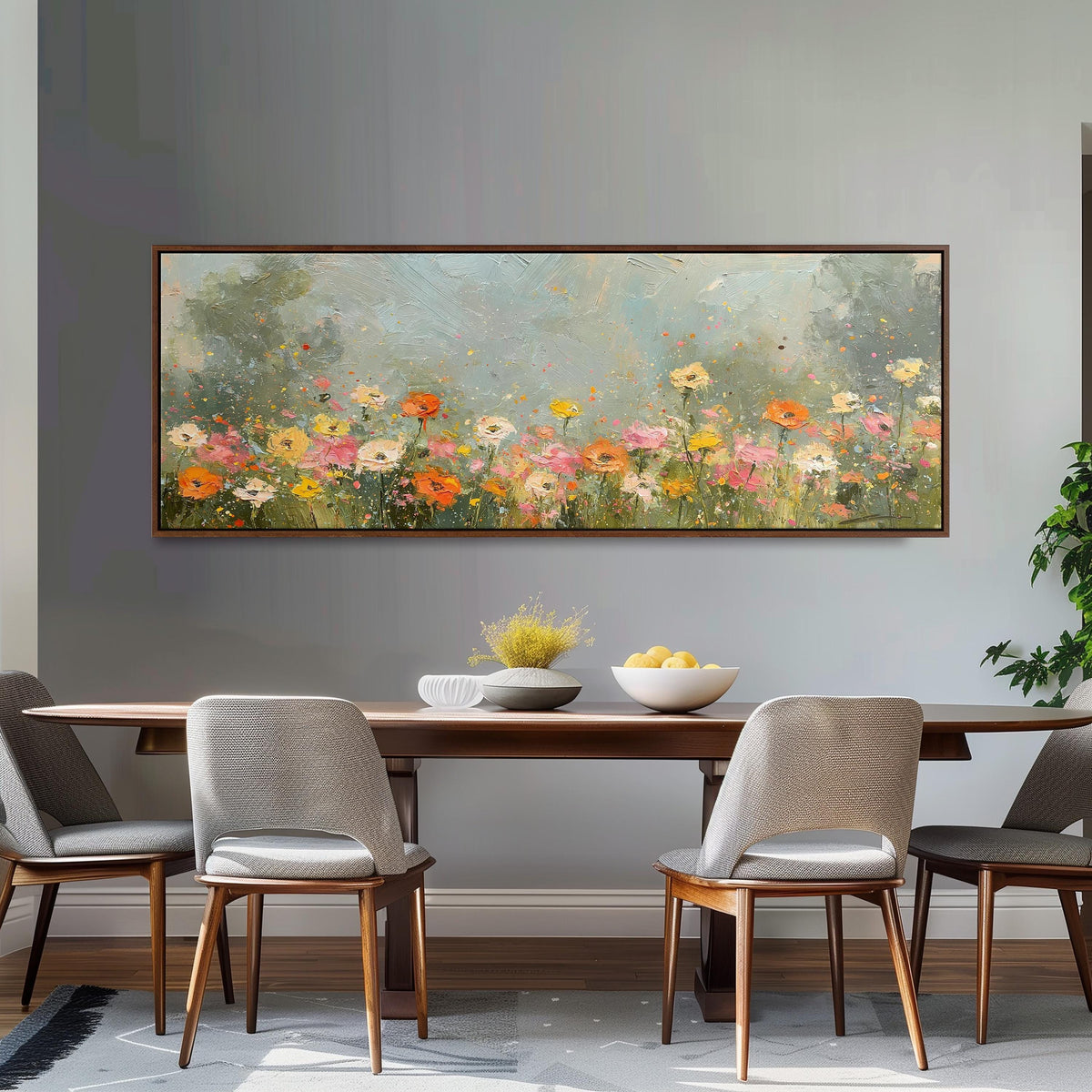 Impressionist wildflower meadow long horizontal canvas print above a dining table