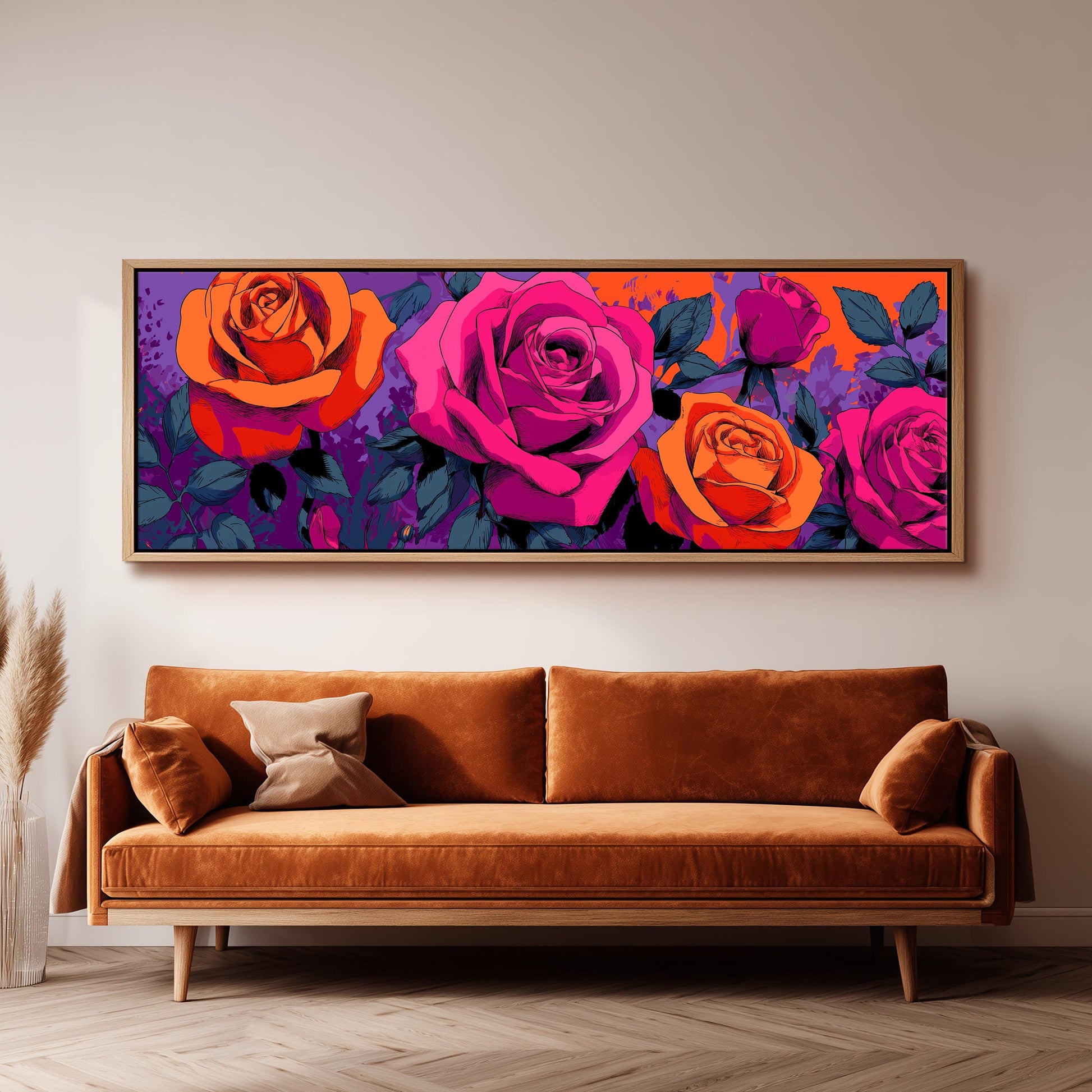 a large, vibrant painting of roses hanging on a wall above a brown sofa.