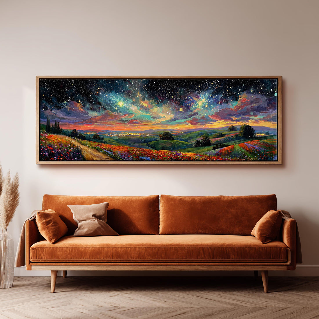 a large, colorful landscape painting hanging on a wall above a black and white checkered sofa.