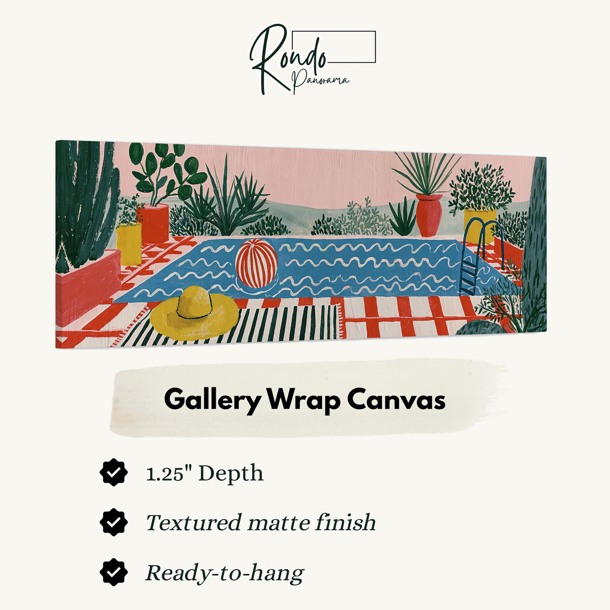 Colorful poolside courtyard gallery wrap canvas with the image wrapped around the edges