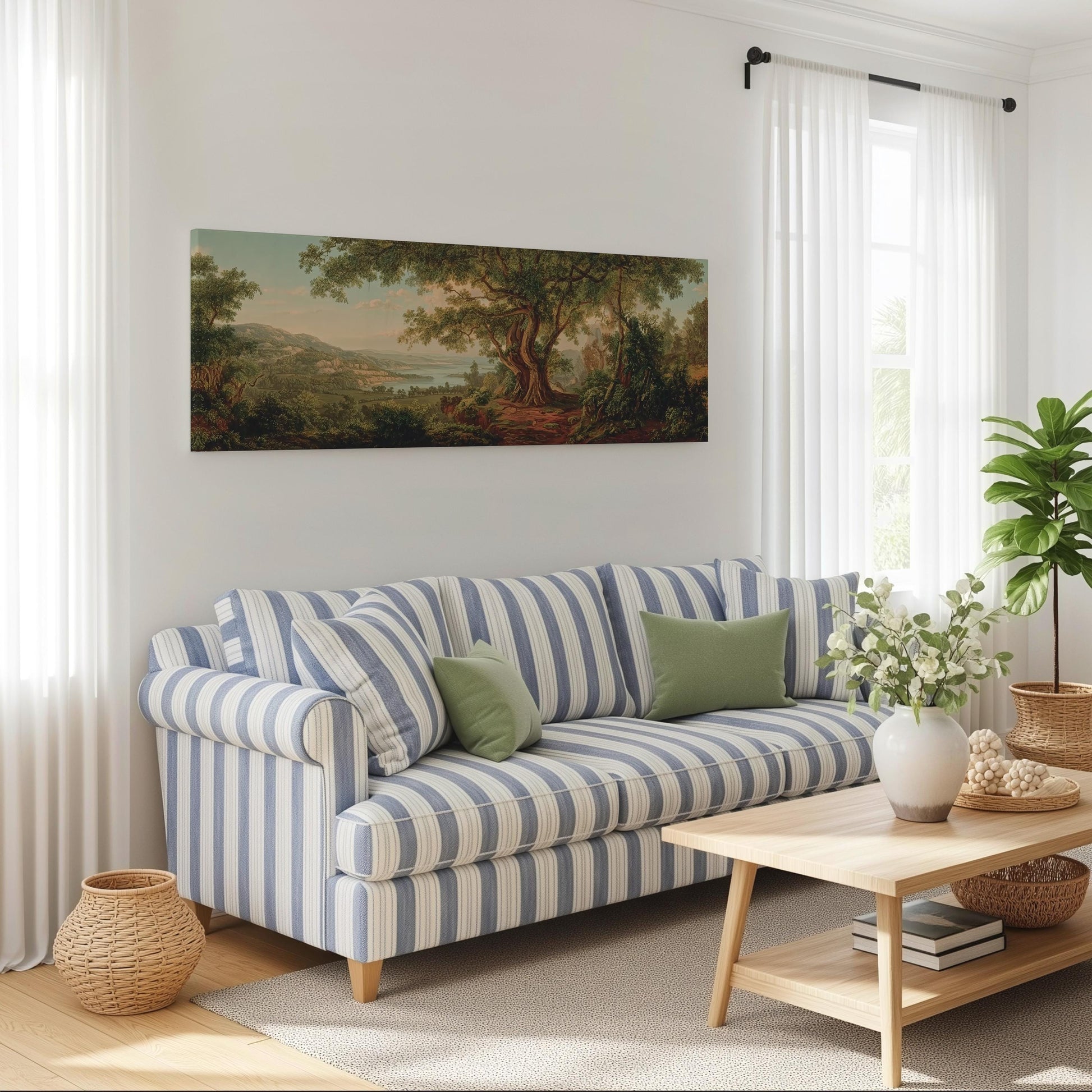 a cozy living room with a striped blue and white sofa, a wooden coffee table, and a large painting of a forest scene hanging on the wall.