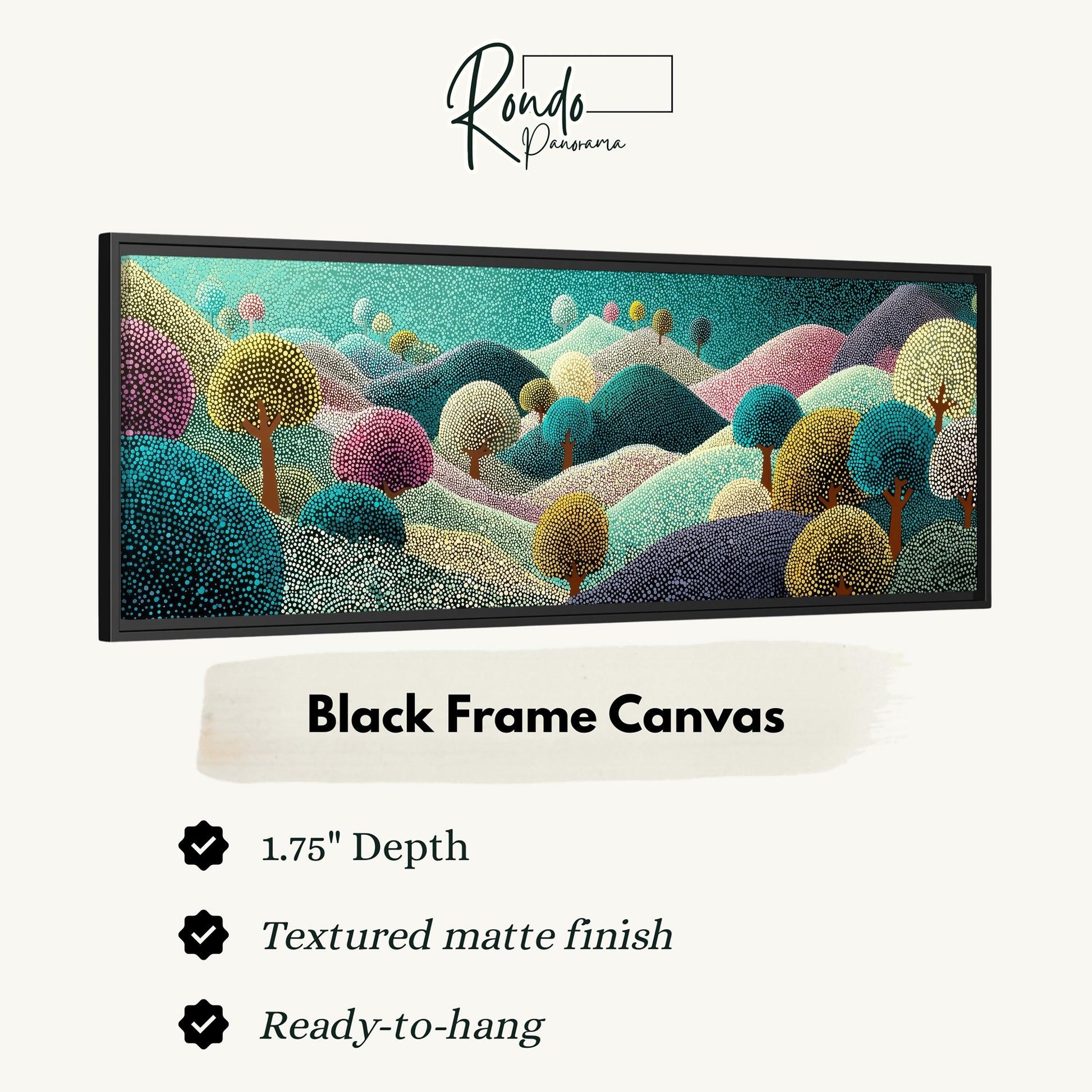 The image is a black frame canvas depicting a colorful landscape with trees and hills.