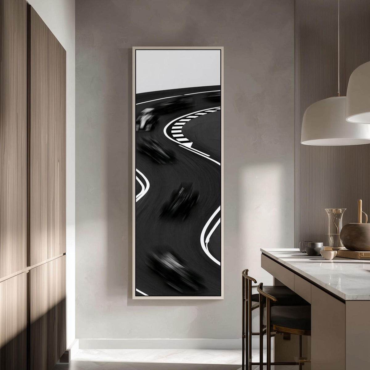 Race cars blurring around a curved track tall skinny canvas print in a modern kitchen