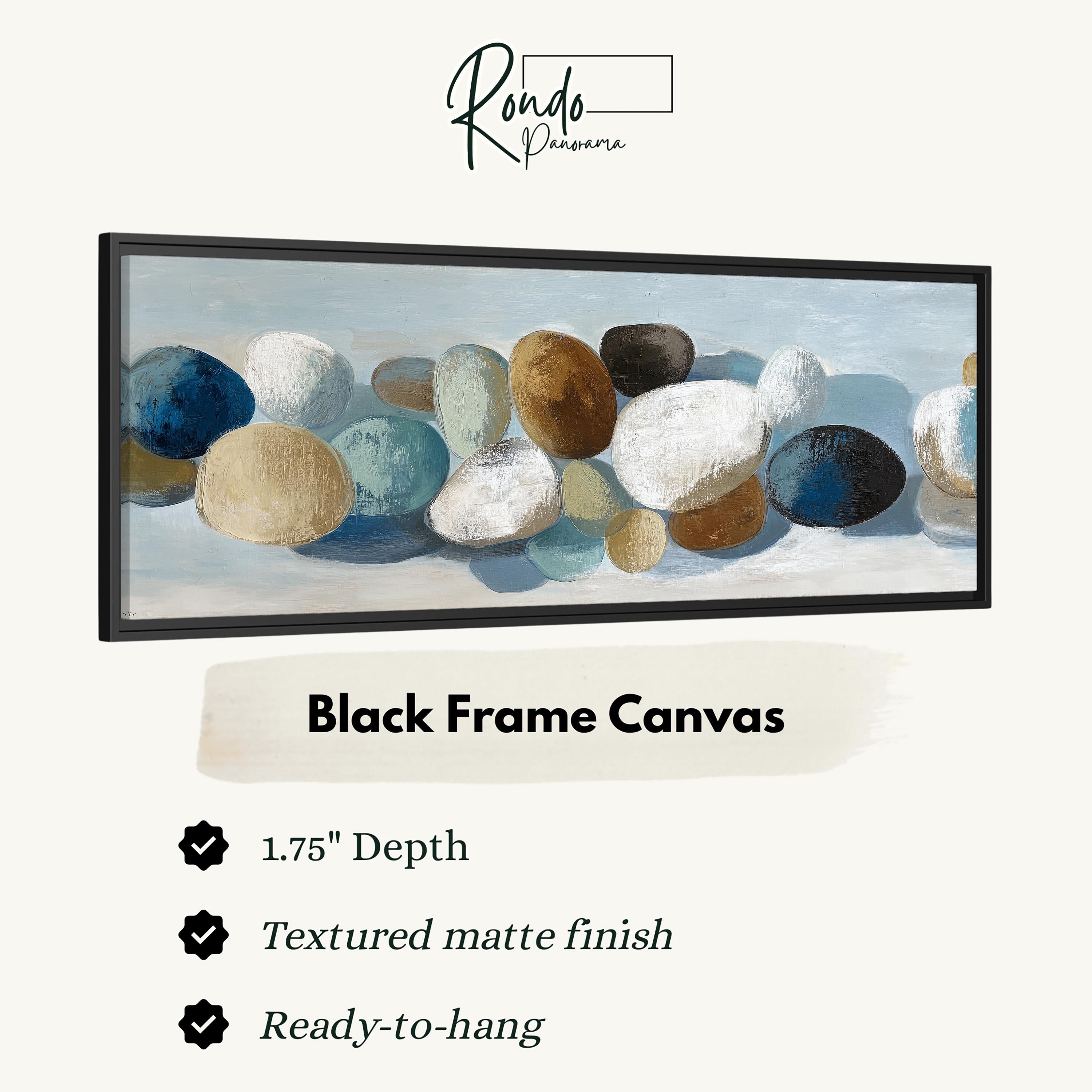 The image is a black frame canvas featuring a painting of various colored rocks.