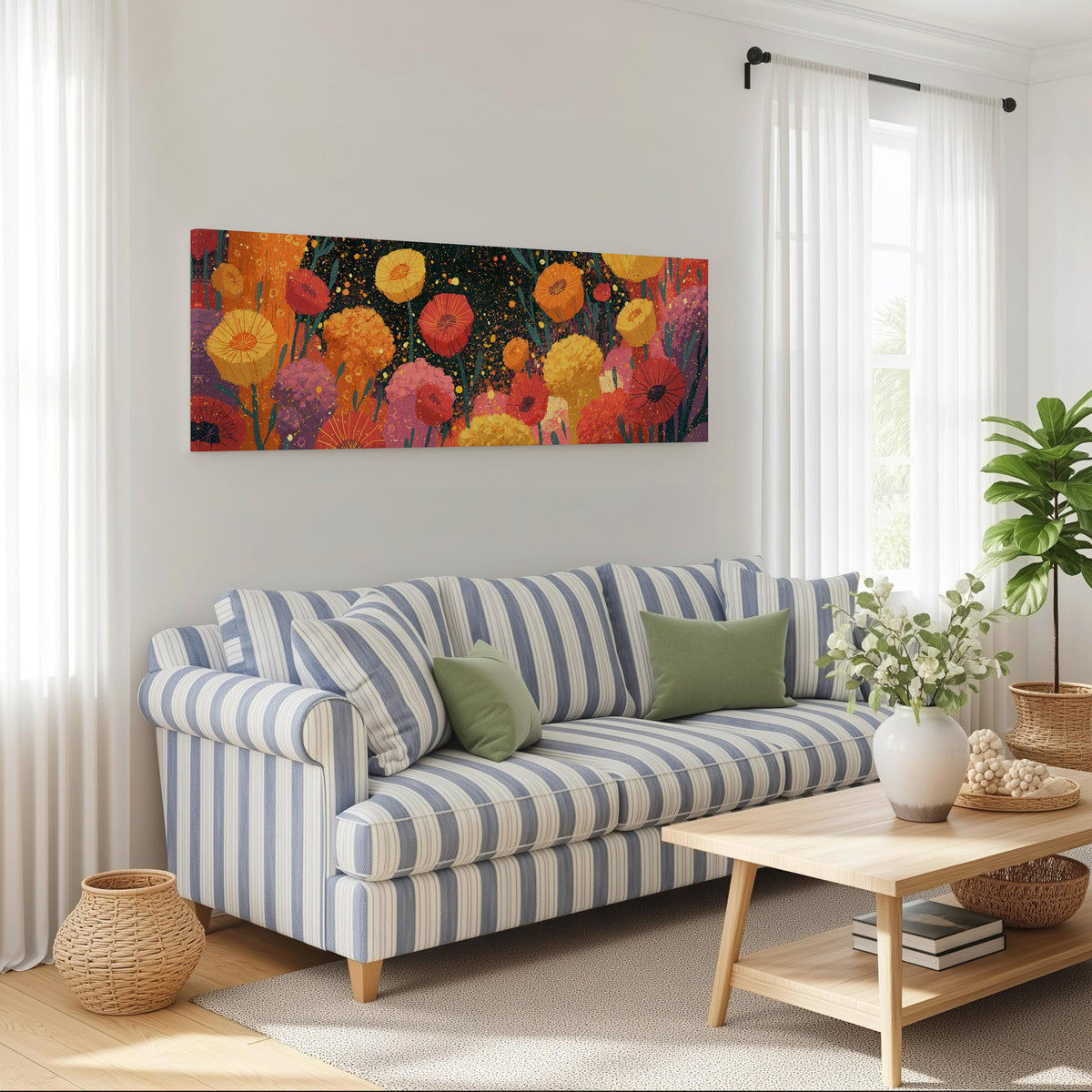 Confetti poppy field long horizontal canvas print above a striped sofa in a coastal living room
