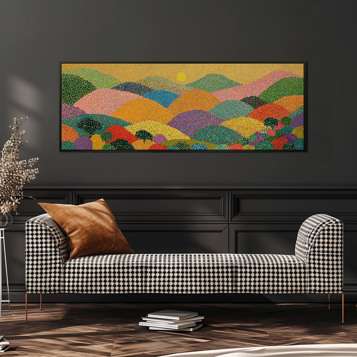 Dotted rainbow hills at sunset wide panoramic canvas print above a bench in a dark living room