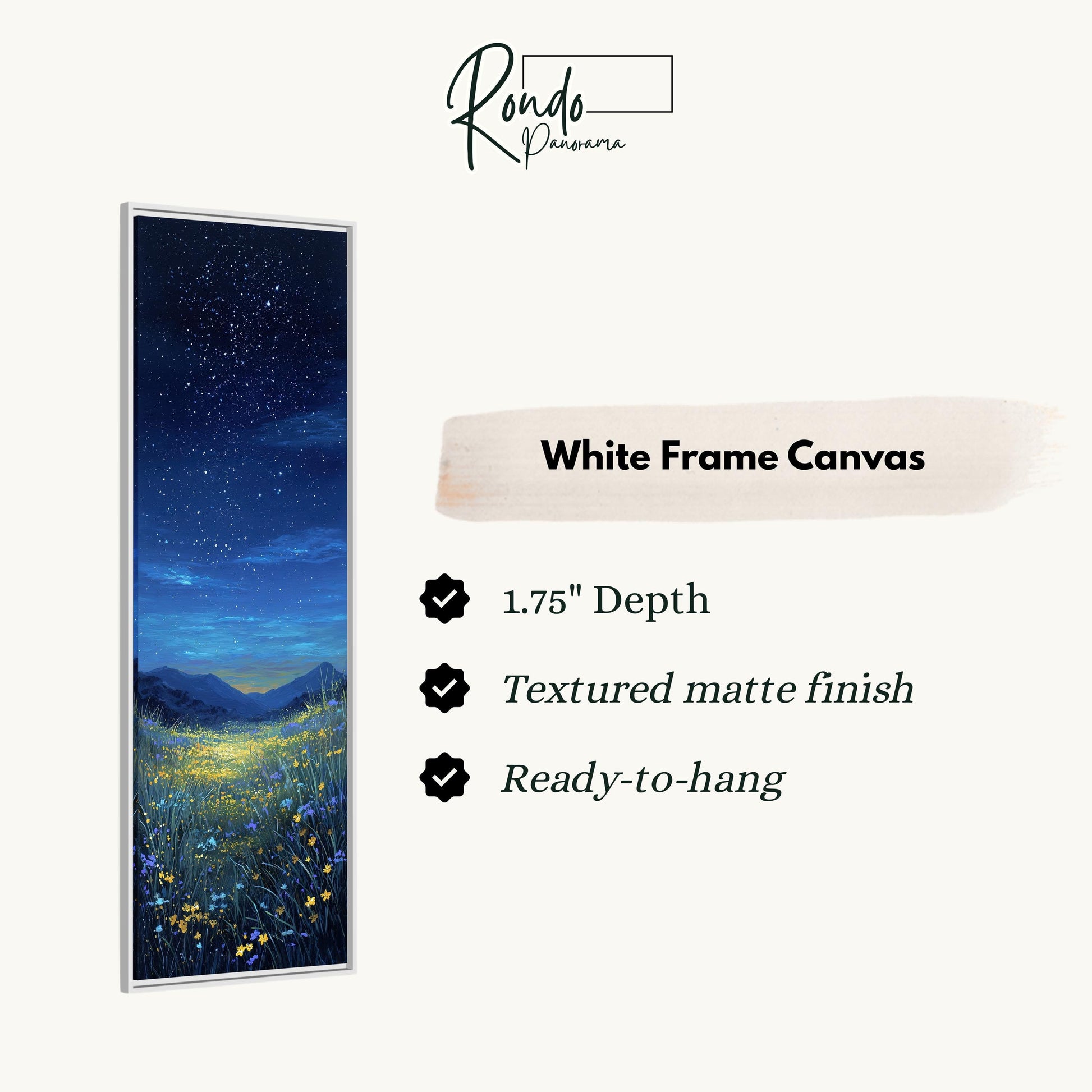 The image is a white frame canvas depicting a night sky with stars and a field of flowers.
