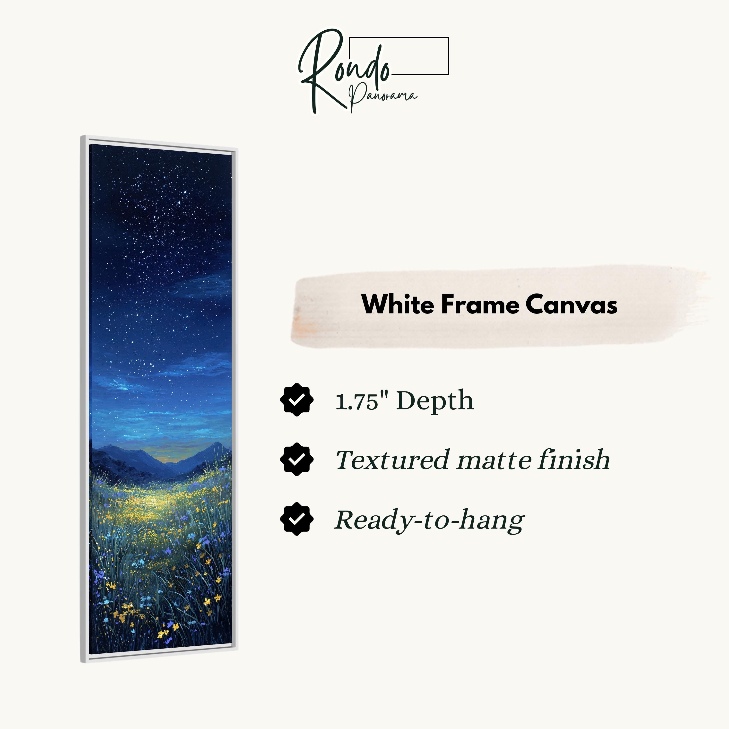 The image is a white frame canvas depicting a night sky with stars and a field of flowers.