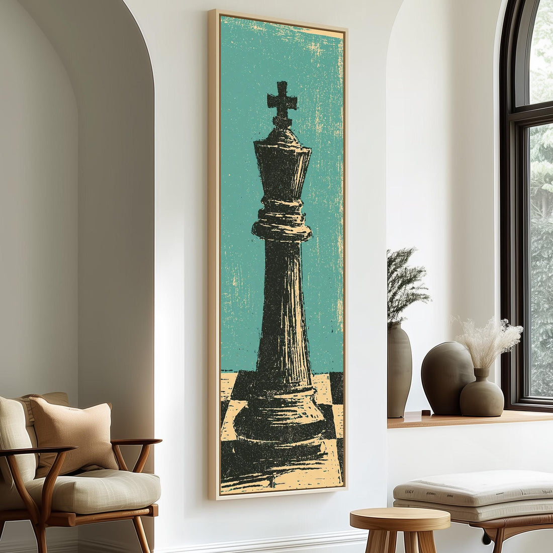 Woodcut style chess king on teal long vertical canvas print in a sunlit living space