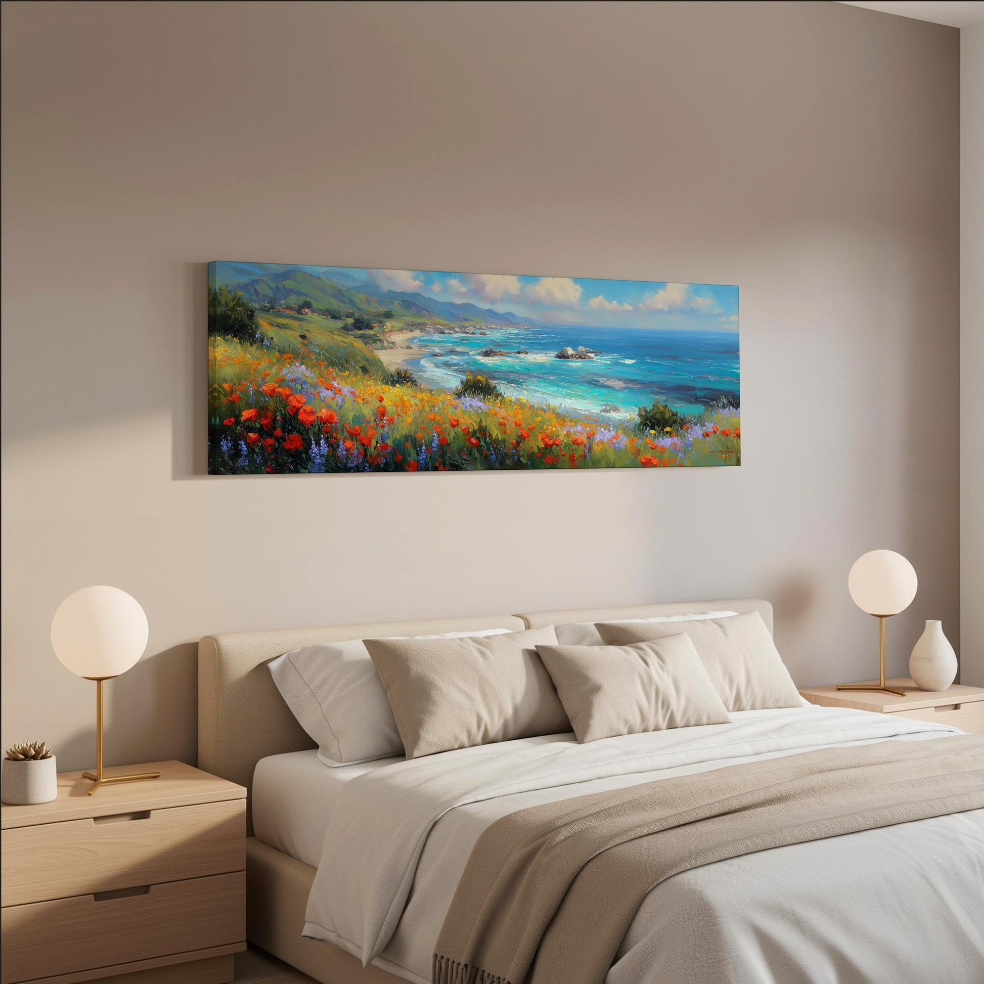 a serene bedroom scene with a large painting of a coastal landscape hanging on the wall above a bed with white bedding and beige pillows.