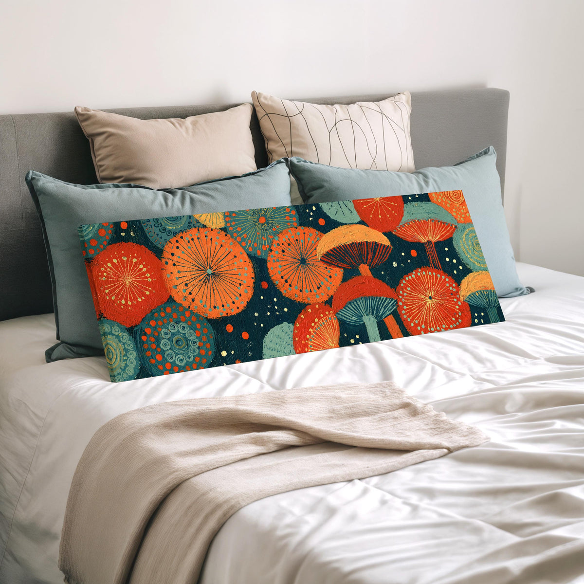Orange and teal mushroom starburst wide panoramic canvas print laid on a bed to show its size