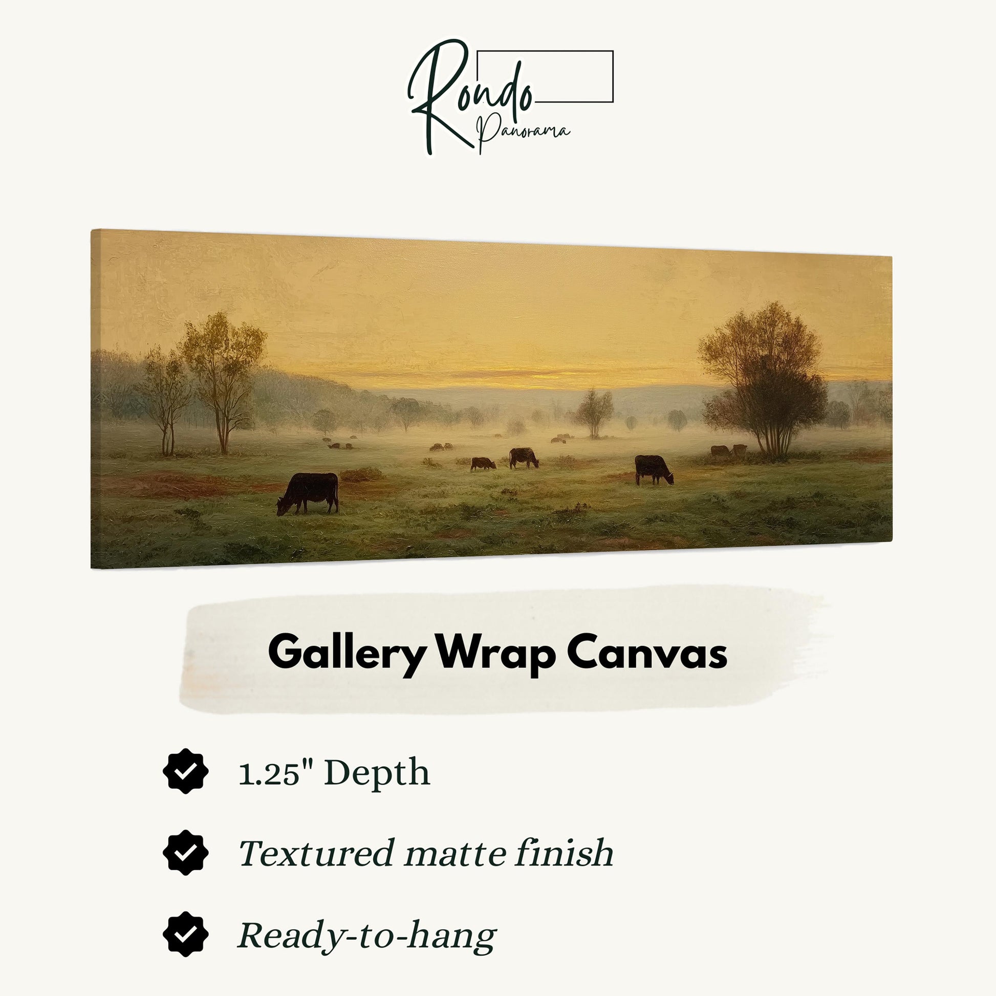 The image is a painting of a pastoral scene with cows grazing in a field, depicting a serene and peaceful landscape.