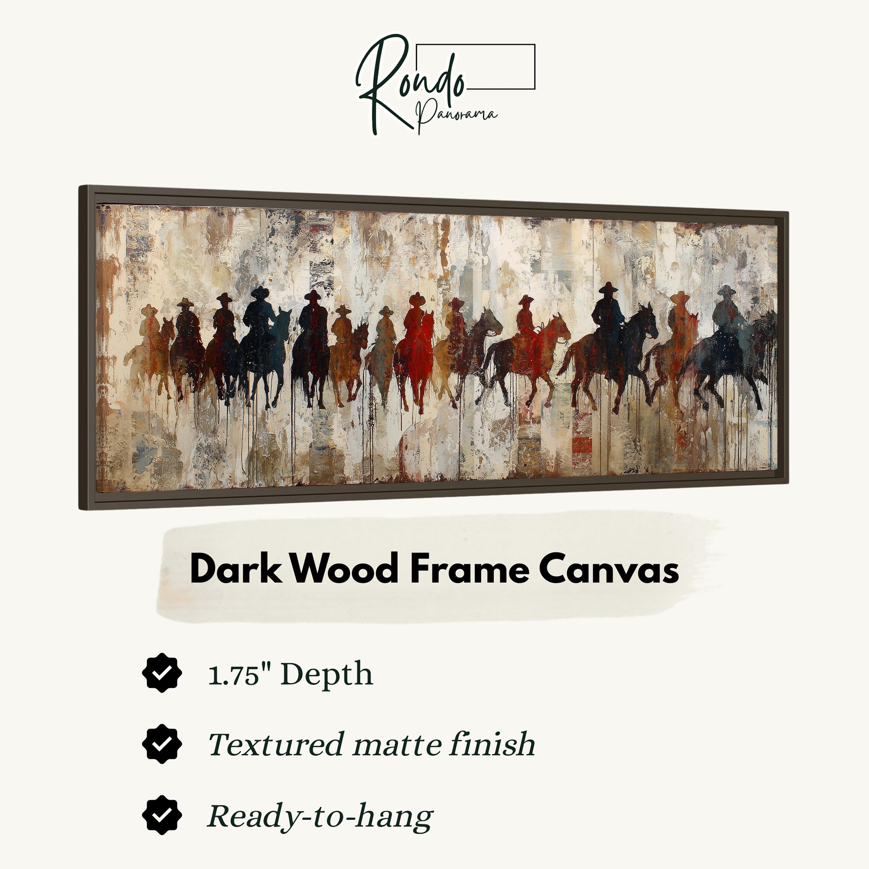The image is a framed artwork depicting a group of people riding horses, with a dark wood frame.