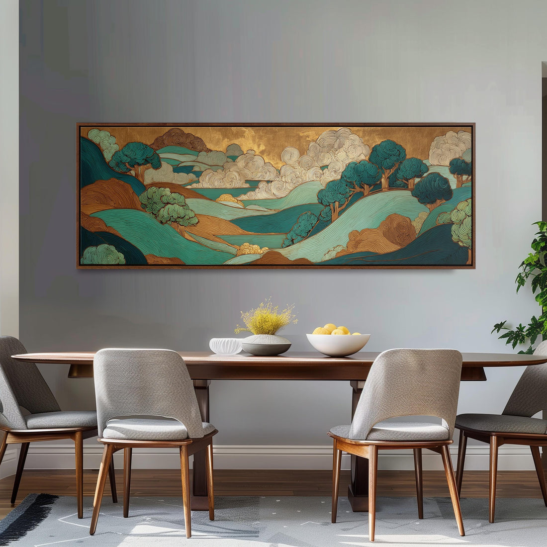 a dining room with a large, colorful landscape painting hanging on the wall above a wooden dining table with four chairs. The table is set with a bowl of fruit and a vase of flowers, creating a welcoming and inviting atmosphere.
