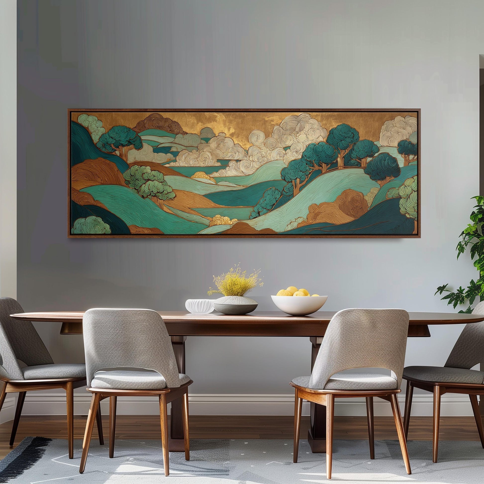 a dining room with a large, colorful landscape painting hanging on the wall above a wooden dining table with four chairs. The table is set with a bowl of fruit and a vase of flowers, creating a welcoming and inviting atmosphere.