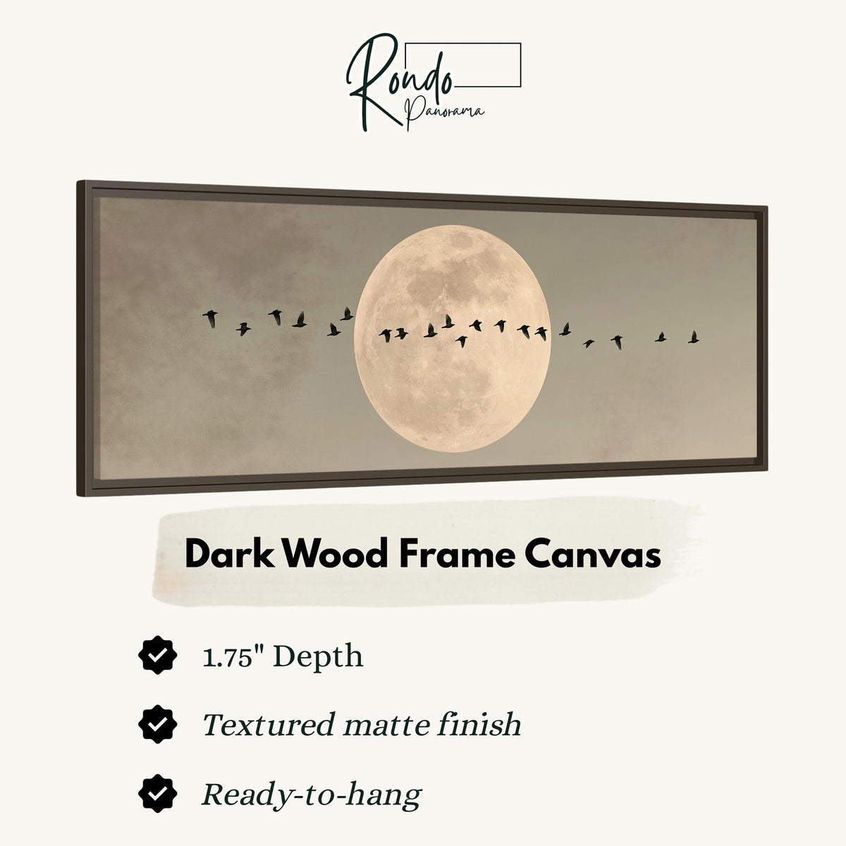 Geese crossing a full moon on grey canvas print in a dark wood floating frame