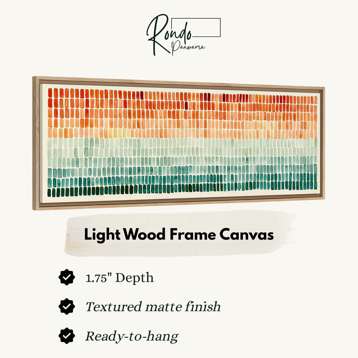 Brushmarks fading from orange to teal canvas print in a light wood floating frame