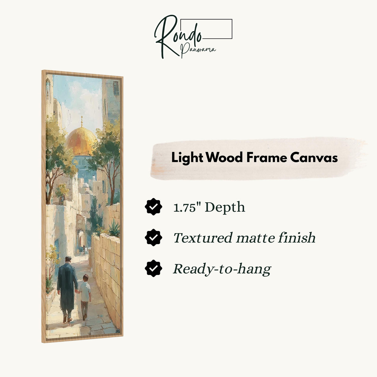 Father and child in a Jerusalem alley toward the golden dome canvas print in a light wood floating frame
