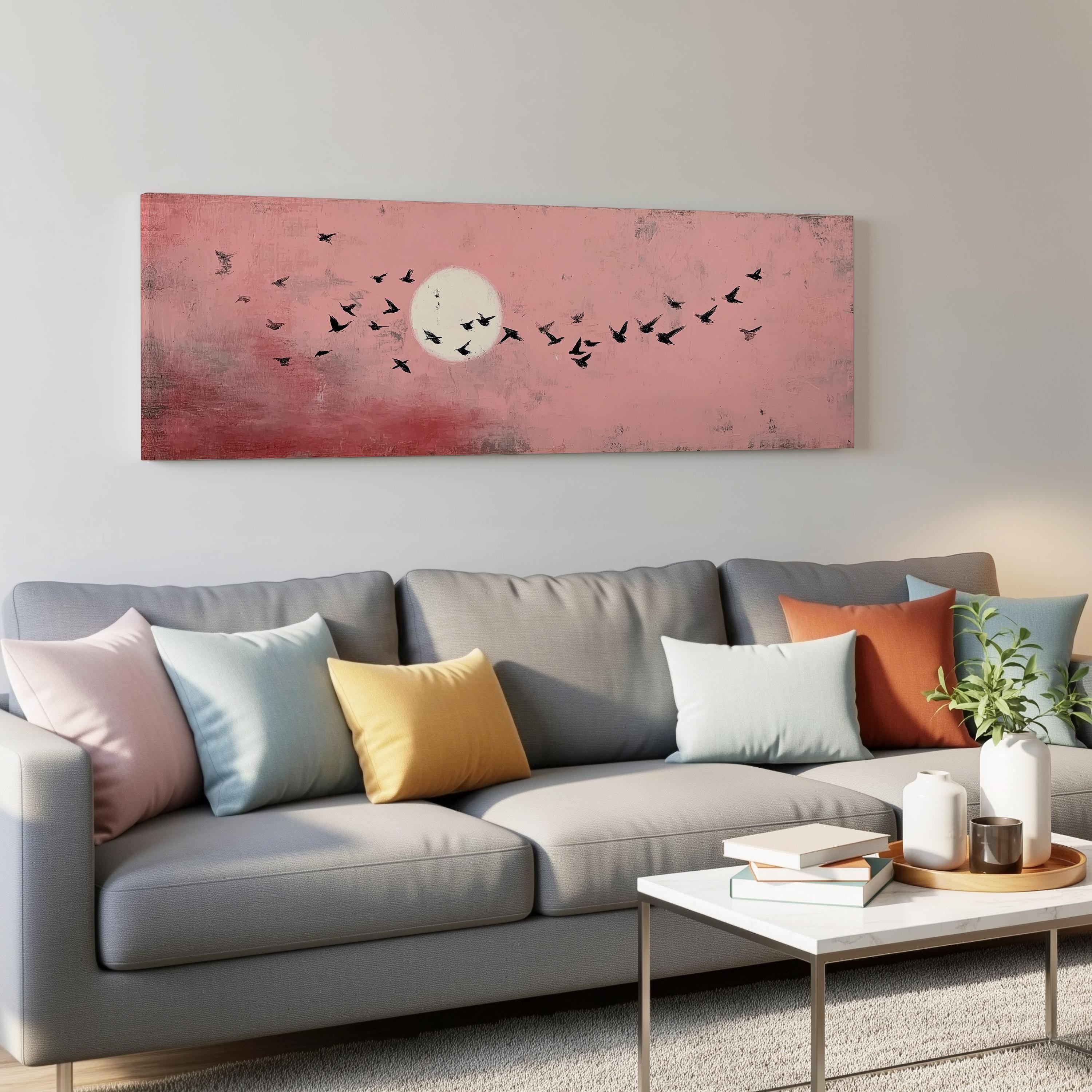 a gray couch with colorful throw pillows, a white coffee table, and a large framed artwork depicting a flock of birds flying over a pink sky with a full moon.