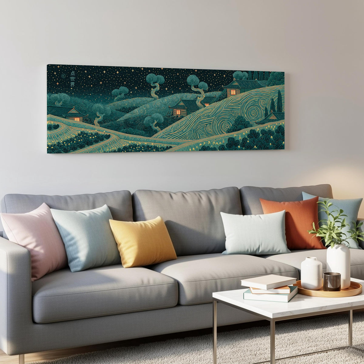 Village on swirling hills at night panoramic canvas print above a grey sofa in a living room
