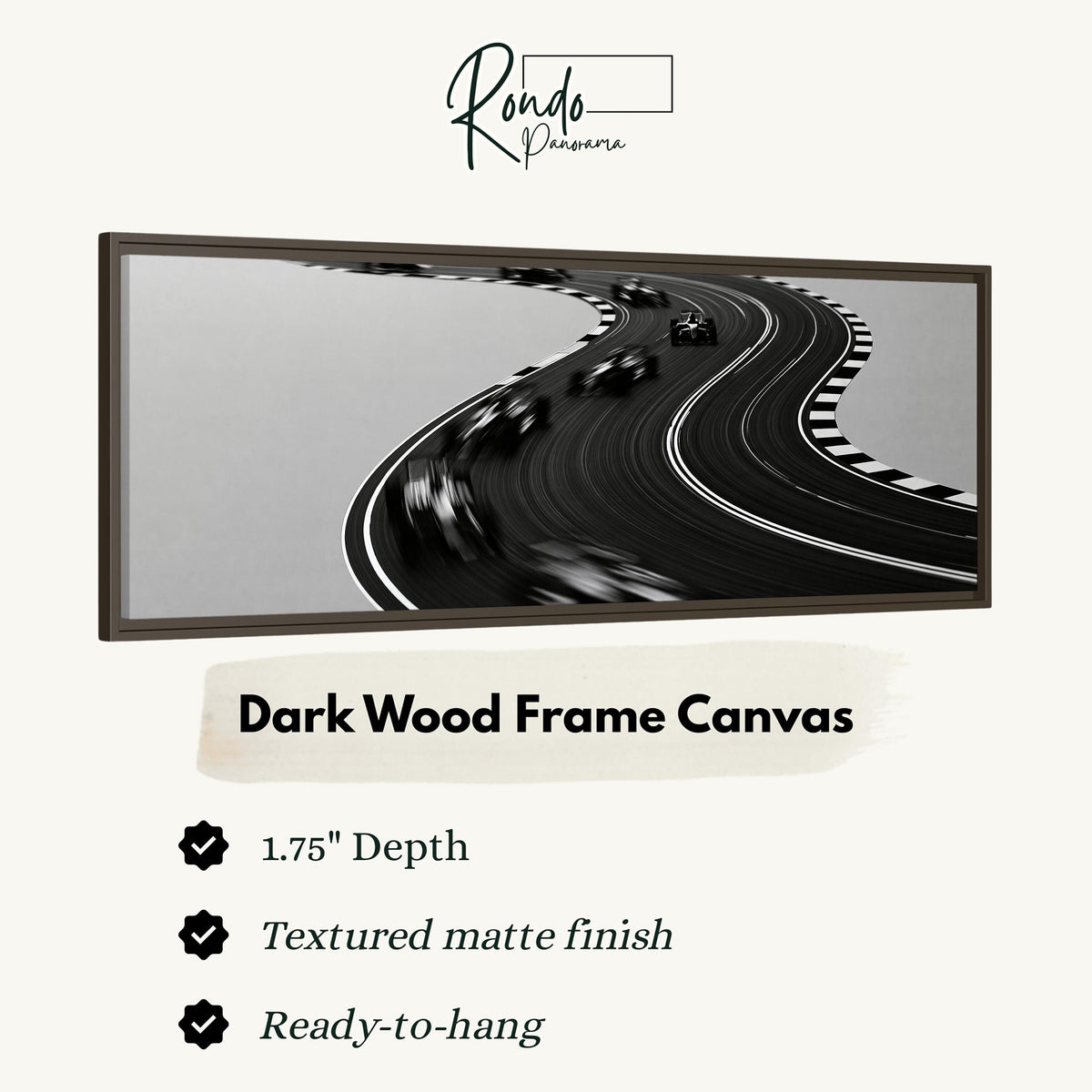Winding race track in monochrome canvas print in a dark wood floating frame
