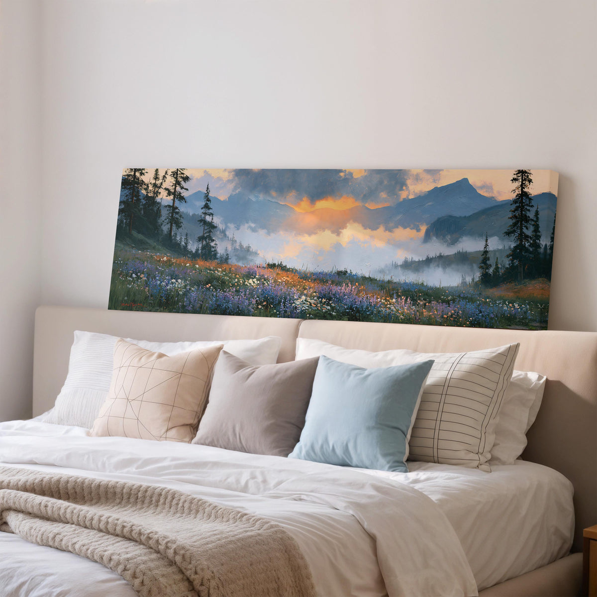 Alpine wildflower meadow at sunset wide panoramic canvas print above a bed in a bedroom