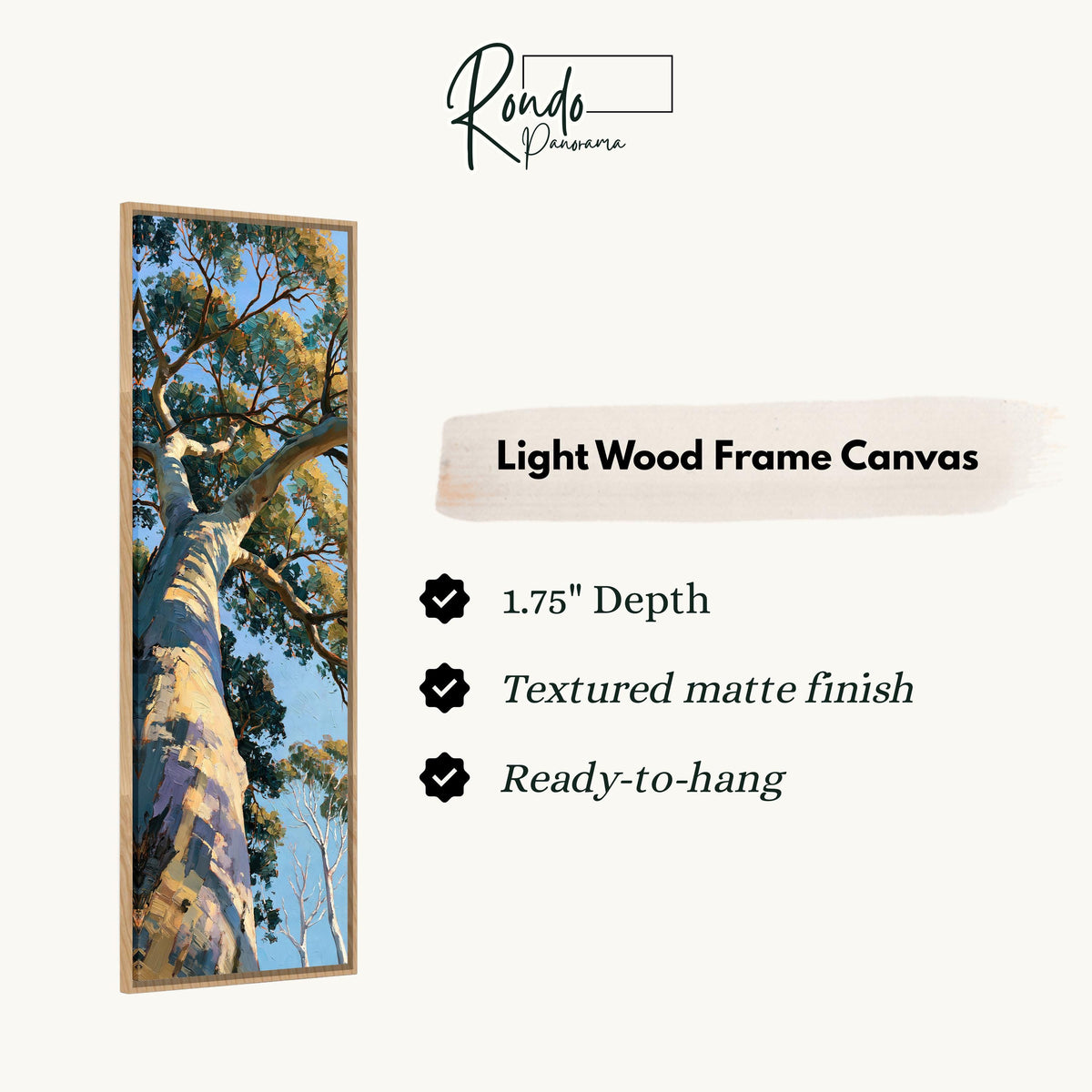 Gum tree trunk rising into a sunlit canopy canvas print in a light wood floating frame