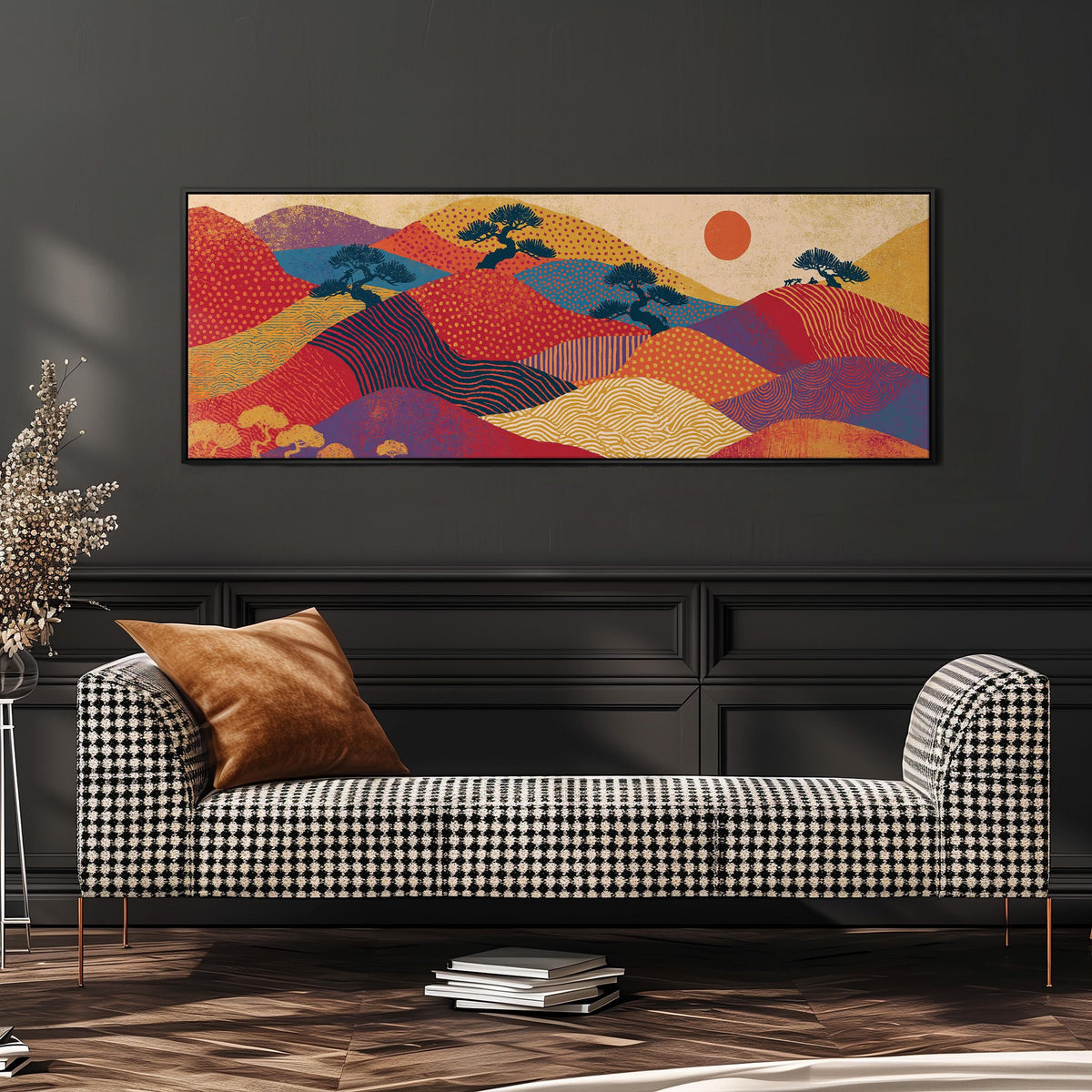 Bonsai trees on patterned hills with a red sun wide panoramic canvas print above a bench in a dark living room