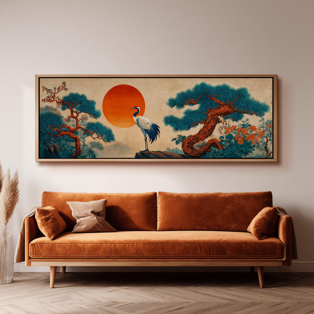a dining room with a large painting of a crane and trees on the wall above a wooden dining table with four chairs.