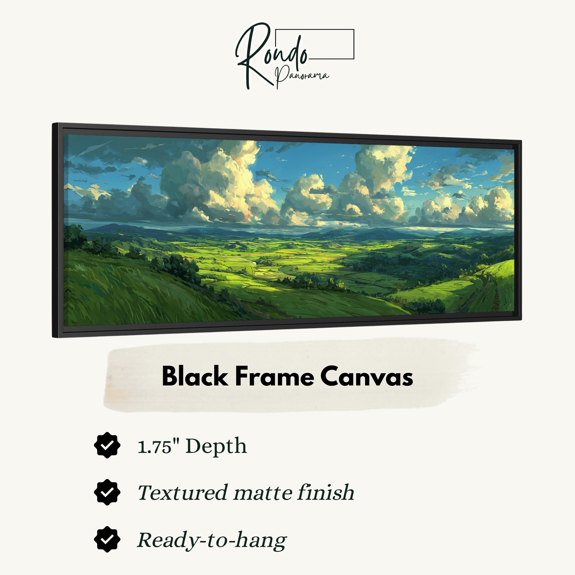 The image is a black frame canvas depicting a landscape with rolling hills, a blue sky with clouds, and a textured matte finish.