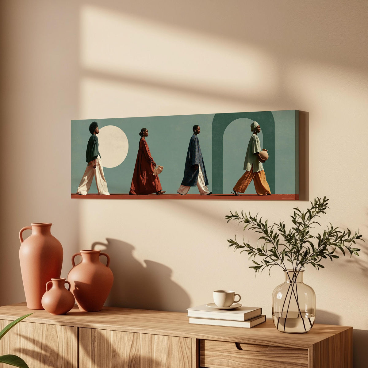 Women walking past arches and a pale moon long horizontal canvas print above a wooden sideboard