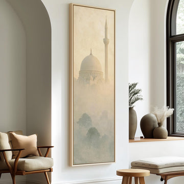 Mosque dome and minaret in the mist long vertical canvas print in a sunlit living space