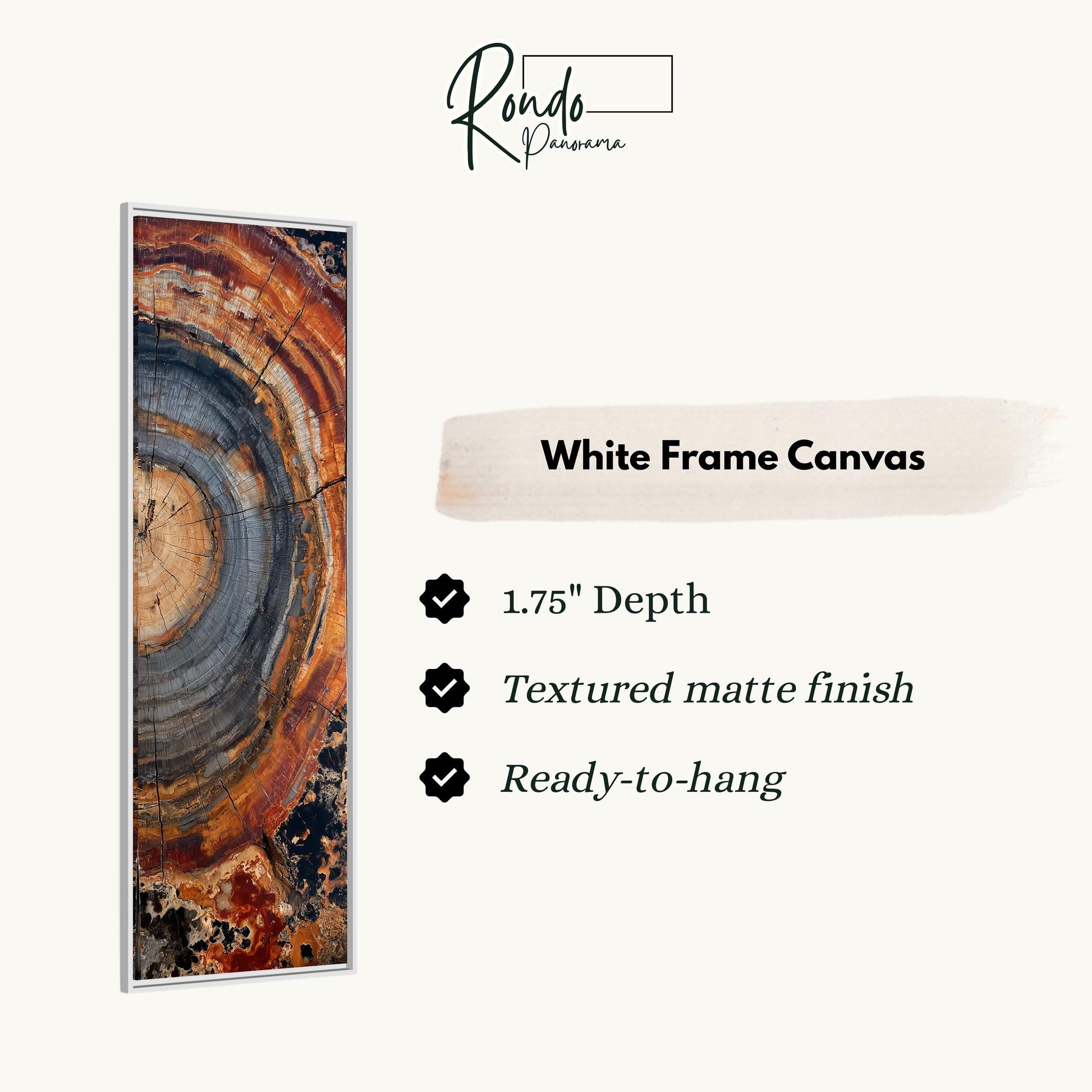 The image is a white frame canvas with a detailed abstract painting of a tree trunk. The frame has a 1.75" depth and is textured with a matte finish, making it ready to hang.