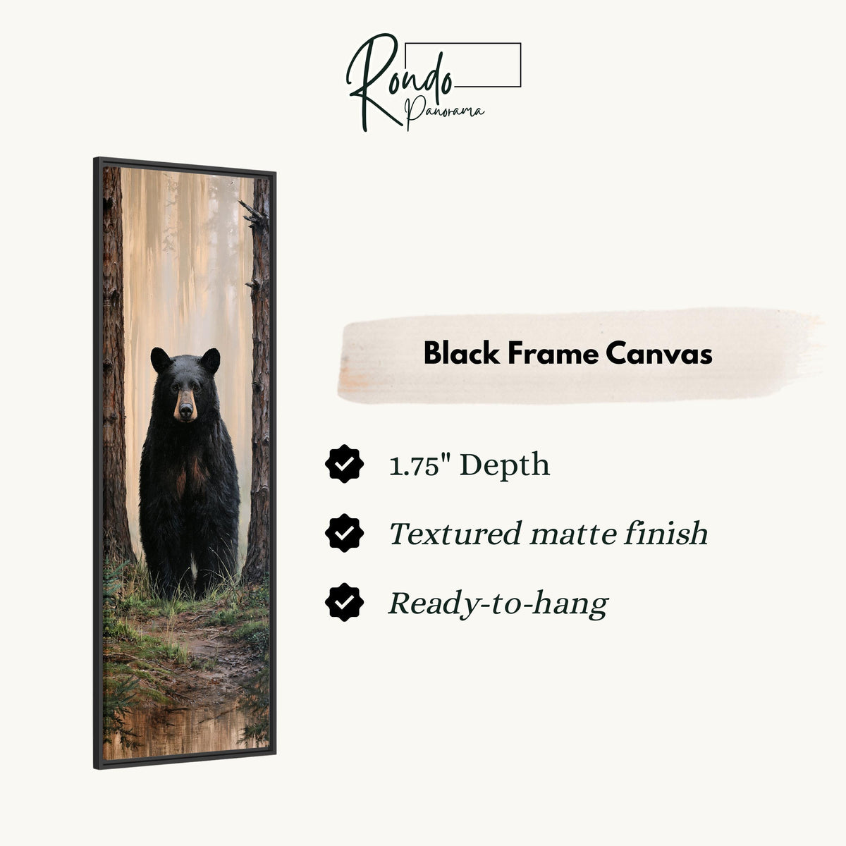 Black bear standing in a foggy forest canvas print in a black floating frame