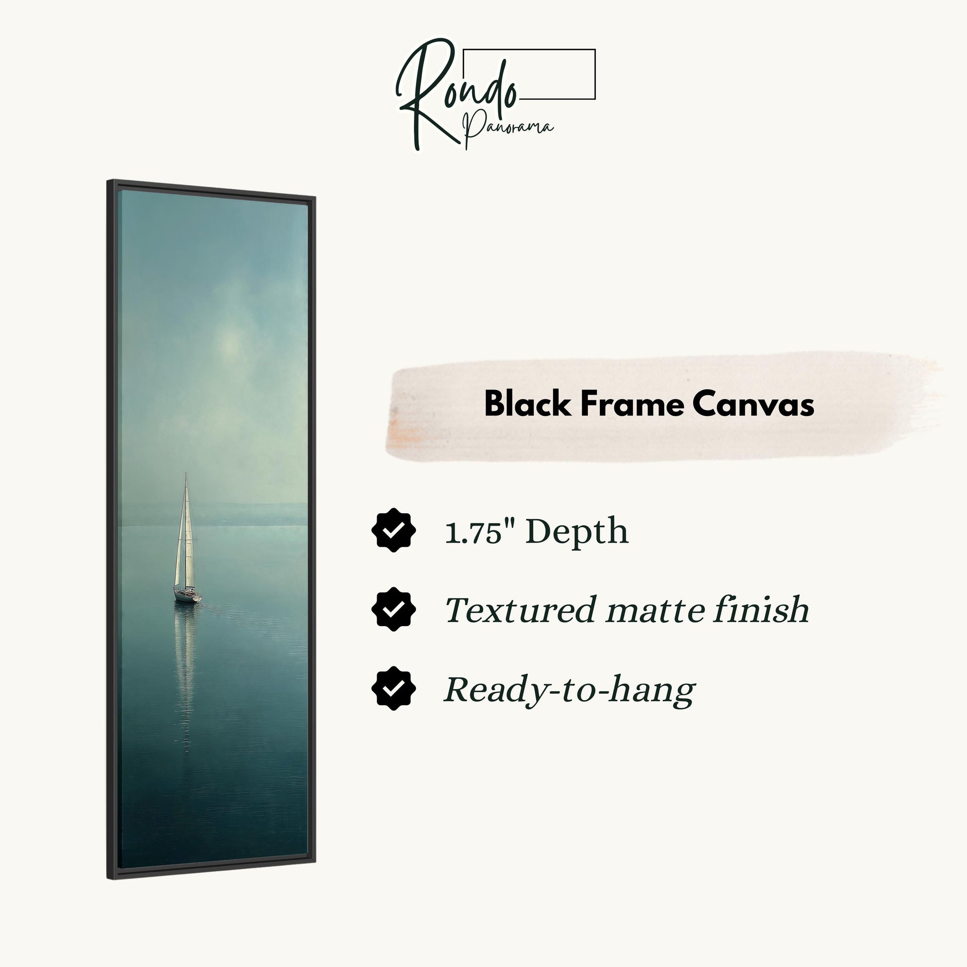 a black frame canvas with a serene image of a sailboat on the water.