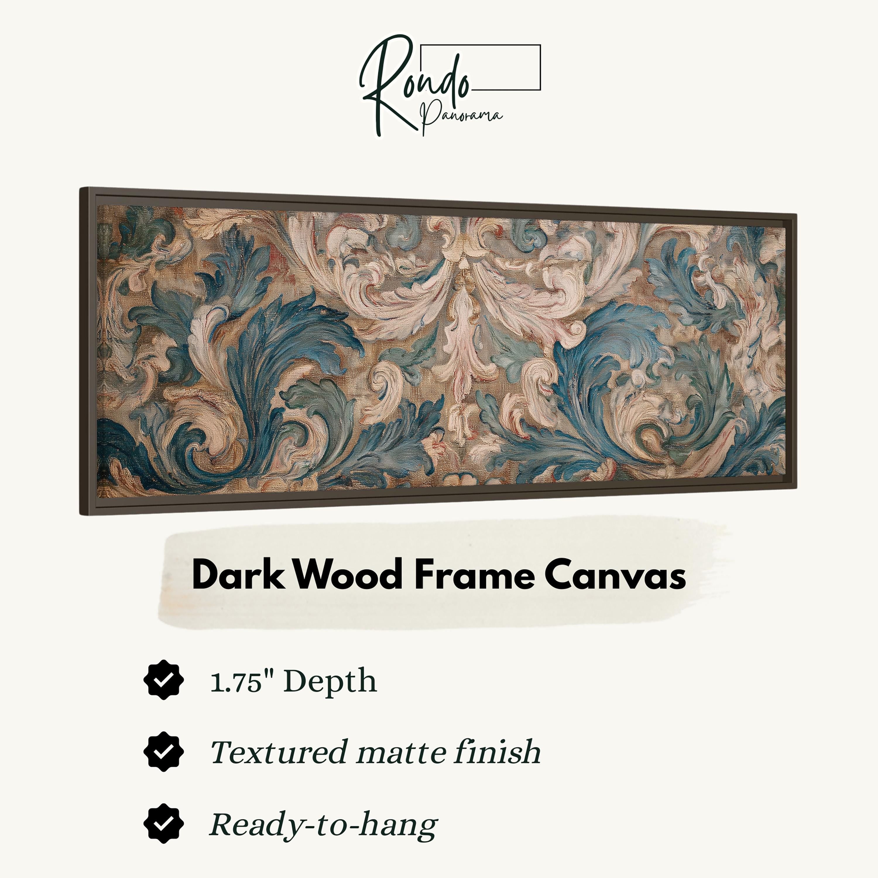 a dark wood frame canvas with a detailed floral pattern.