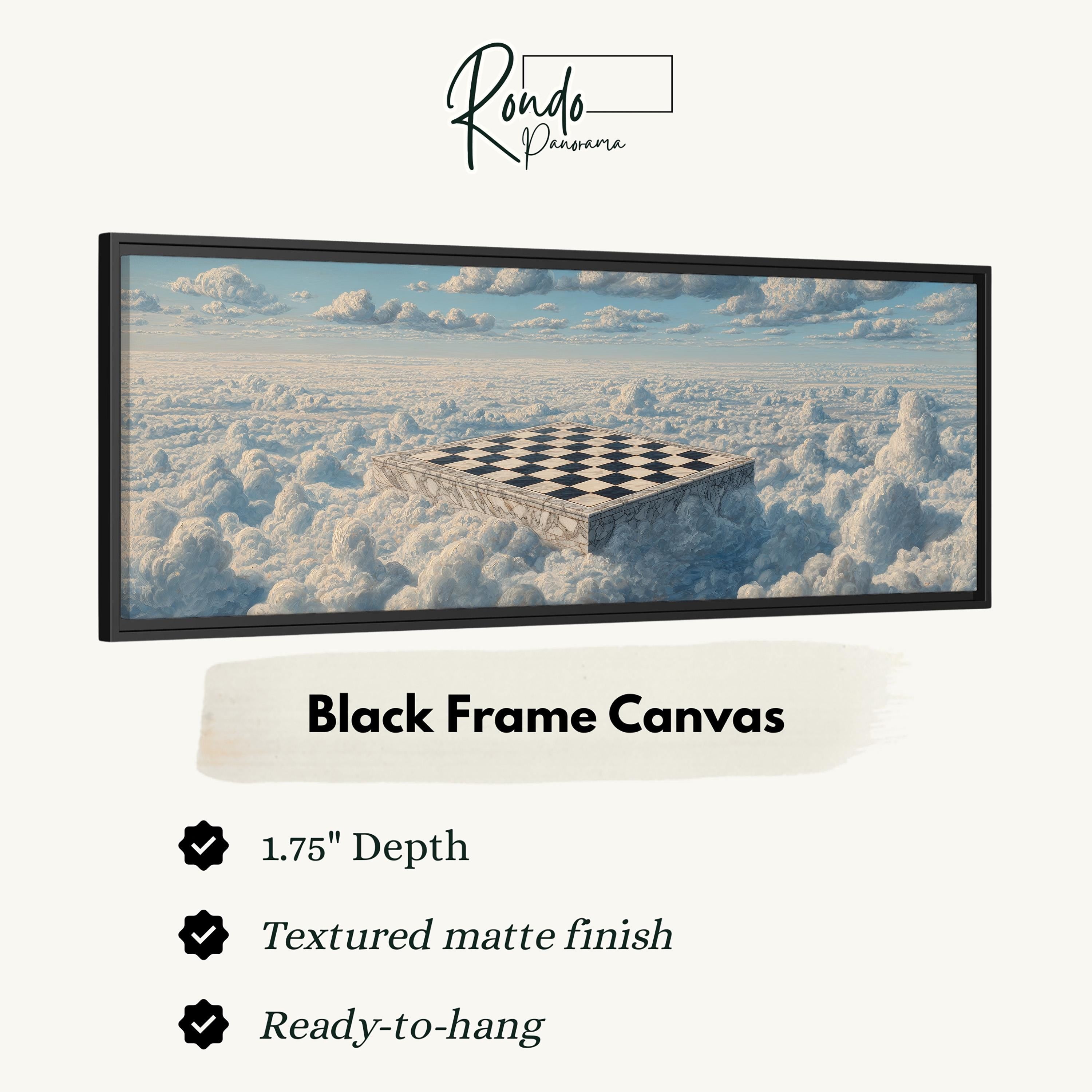 The image is a black frame canvas depicting a surreal scene of a chessboard floating in the clouds.